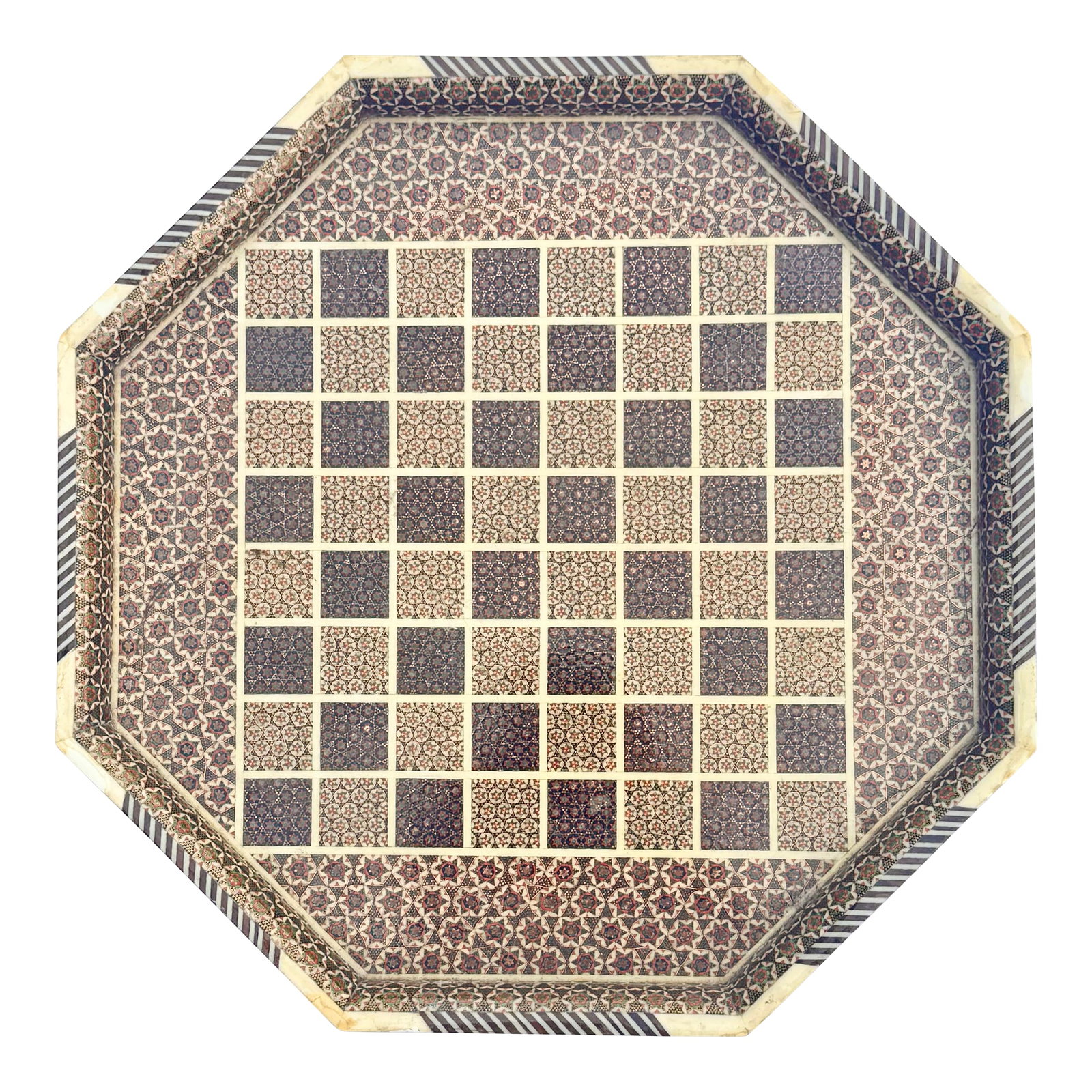 Persian Khatam Wood Inlay Octagonal Checkerboard Decorative Tray - Handcrafted Micro Mosaic Marquetr: This exquisite Persian Khatam wood inlay tray showcases the art of traditional micro mosaic marquetry, featuring intricate geometric and floral patterns crafted from hand-cut pieces of wood, bone,
