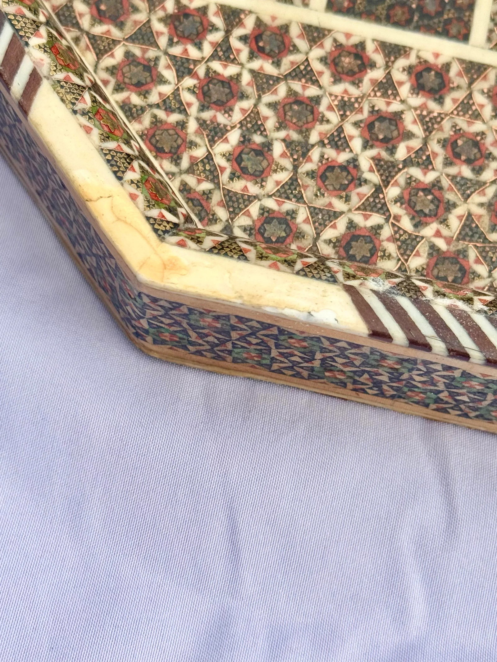 Persian Khatam Wood Inlay Octagonal Checkerboard Decorative Tray - Handcrafted Micro Mosaic Marquetr - 4