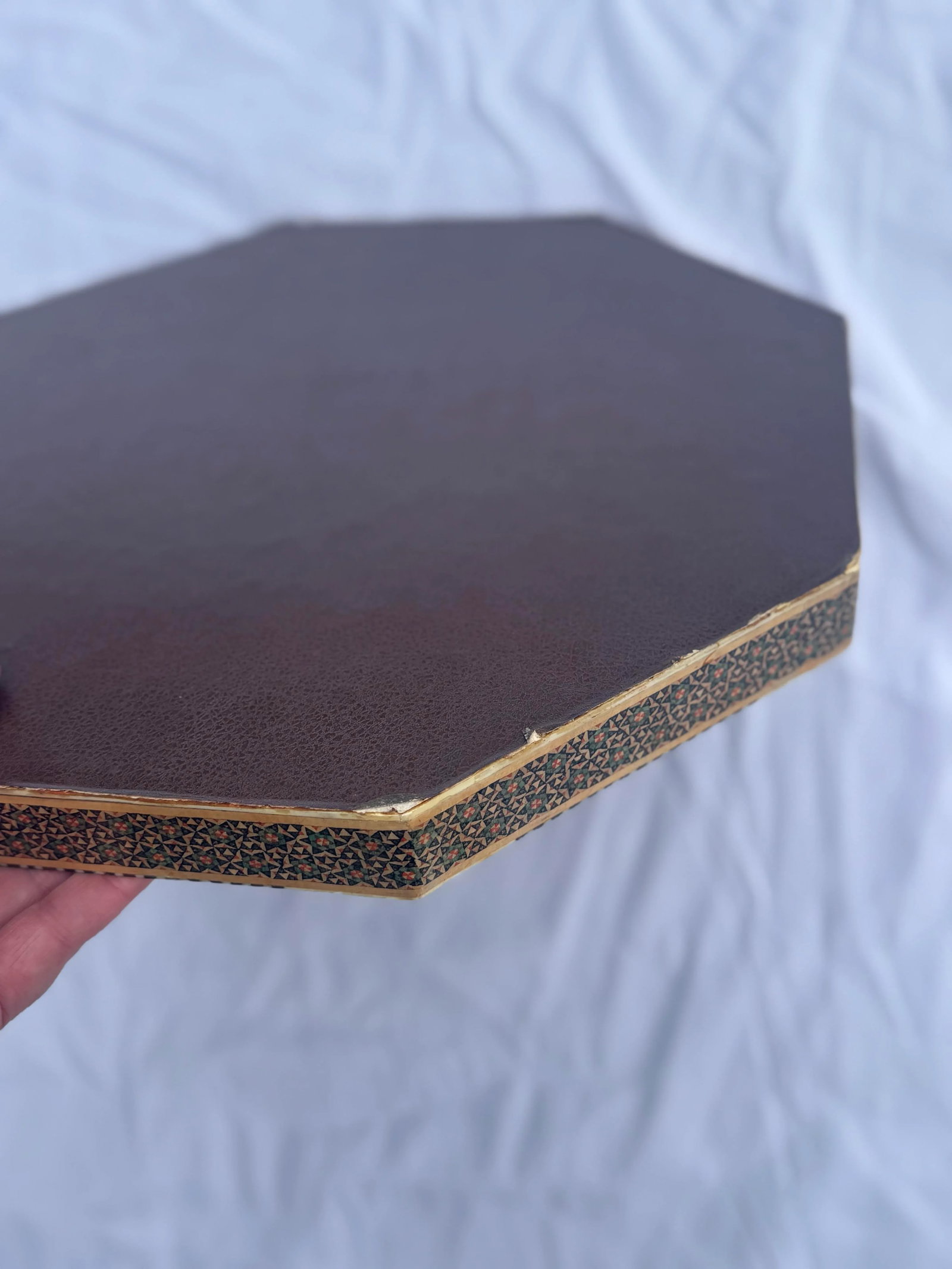 Persian Khatam Wood Inlay Octagonal Checkerboard Decorative Tray - Handcrafted Micro Mosaic Marquetr - 7