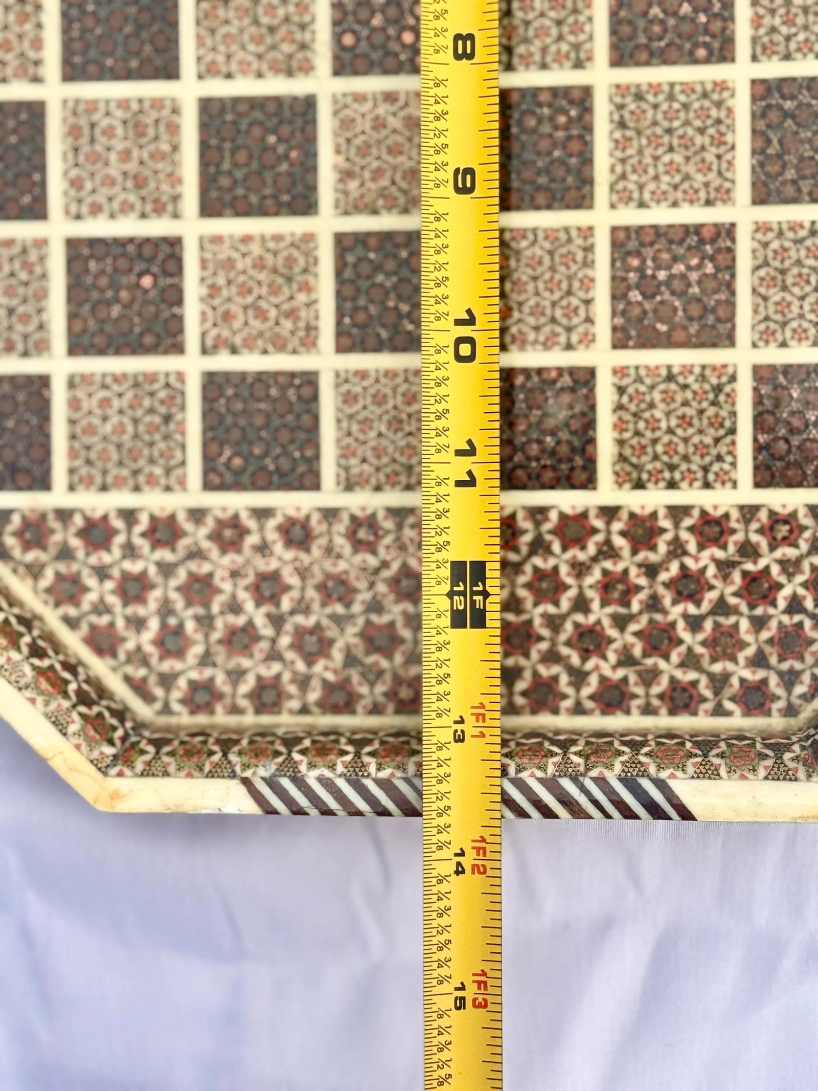 Persian Khatam Wood Inlay Octagonal Checkerboard Decorative Tray - Handcrafted Micro Mosaic Marquetr - 9