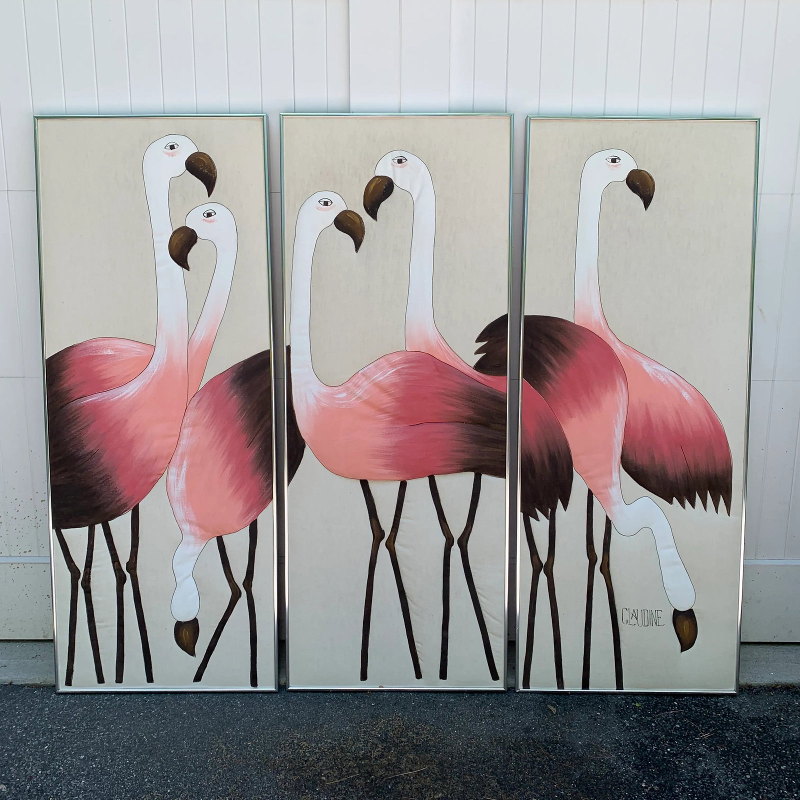 Hand Painted Flamingo Triptych on Fabric - 10
