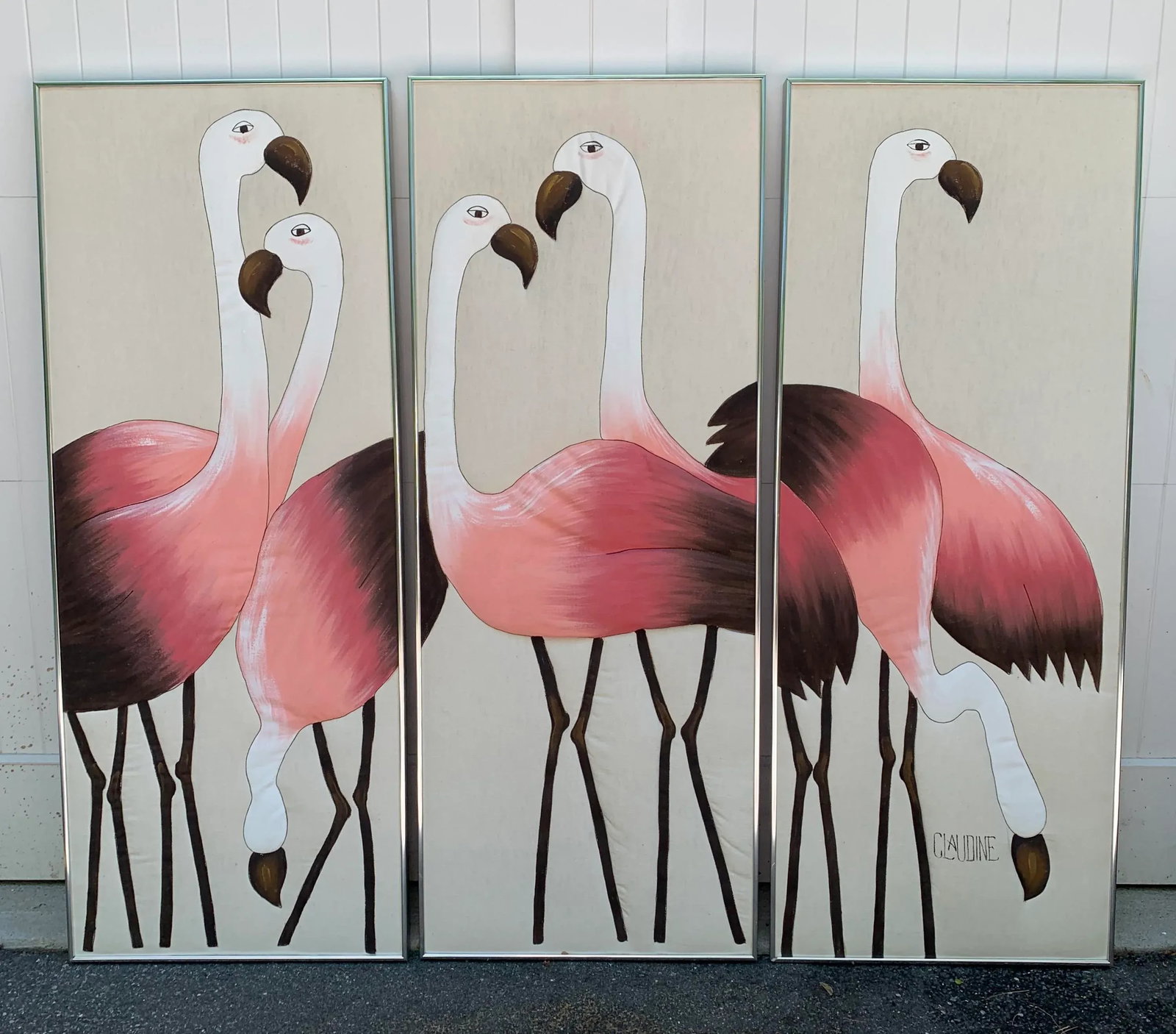 Hand Painted Flamingo Triptych on Fabric - 11