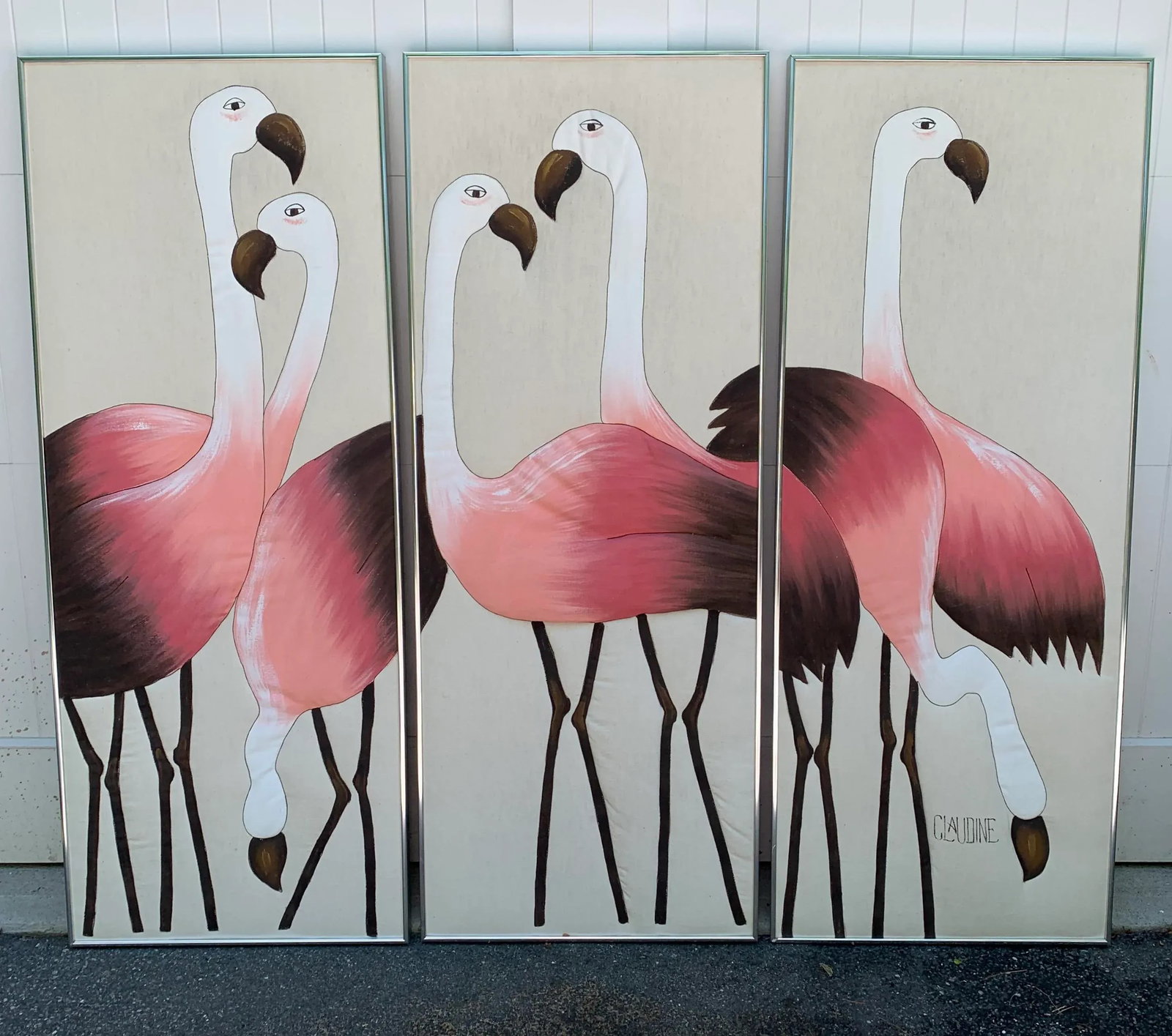 Hand Painted Flamingo Triptych on Fabric - 13