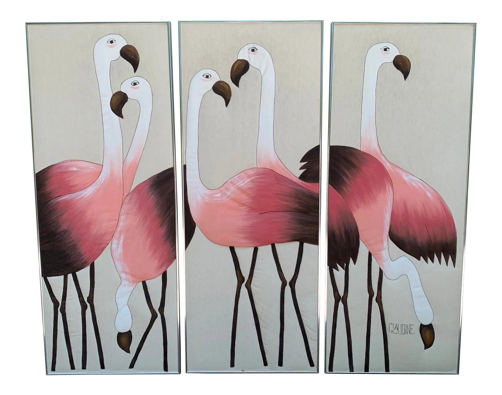 Hand Painted Flamingo Triptych on Fabric: Flamingo Folly! 4 1/2 foot tall Vintage hand painted Triptyc set of Flamingos. Painted on linen - some quilted stitching to add dimension. Brushed stainless frames. Condition: Alterations: Original