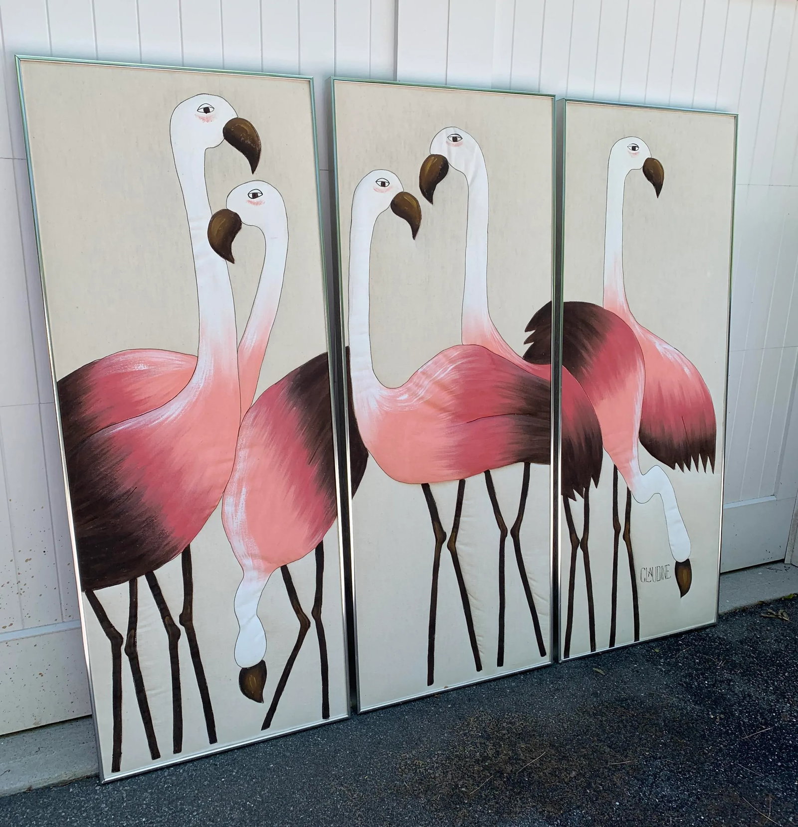 Hand Painted Flamingo Triptych on Fabric - 2