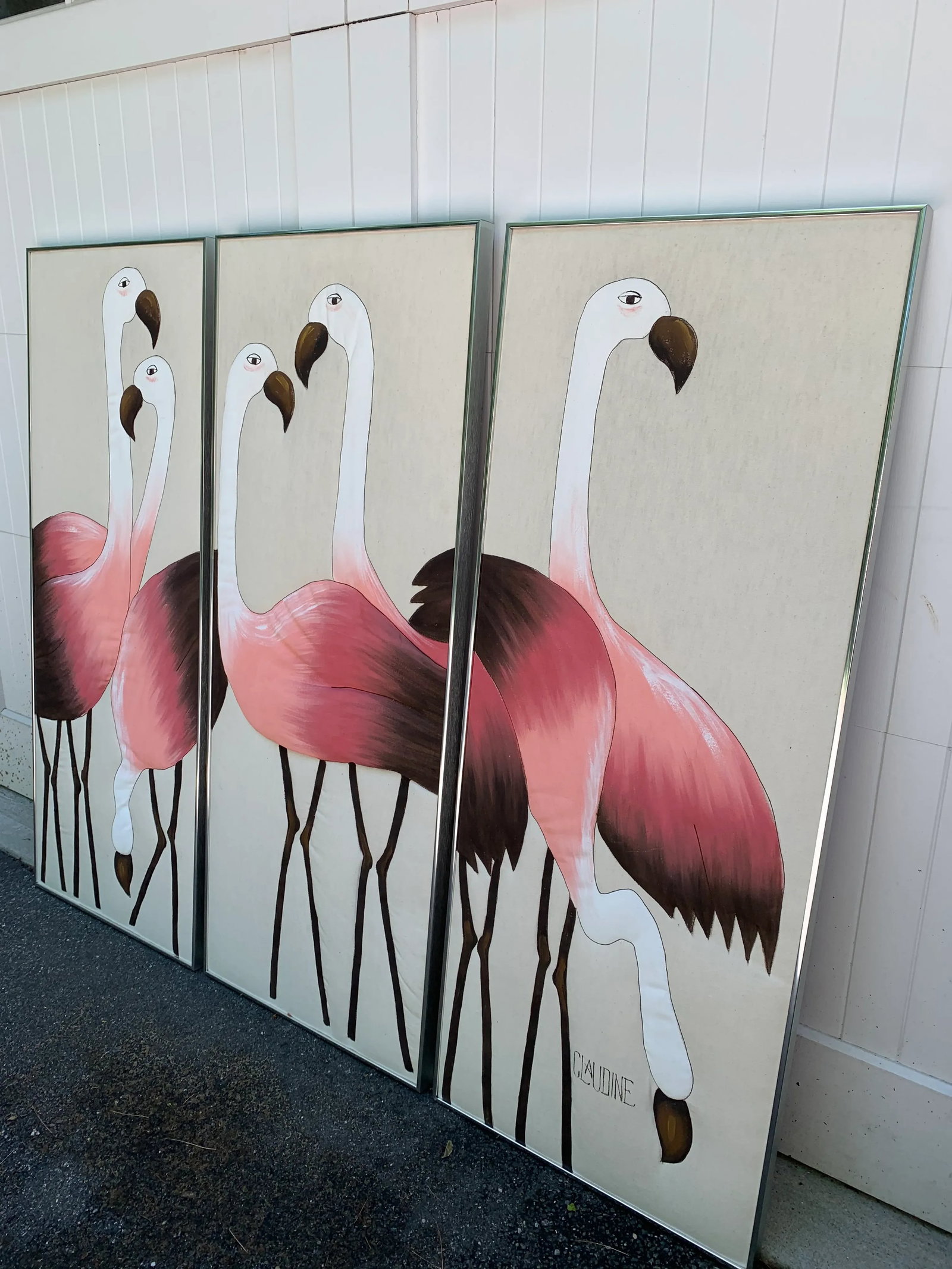 Hand Painted Flamingo Triptych on Fabric - 3