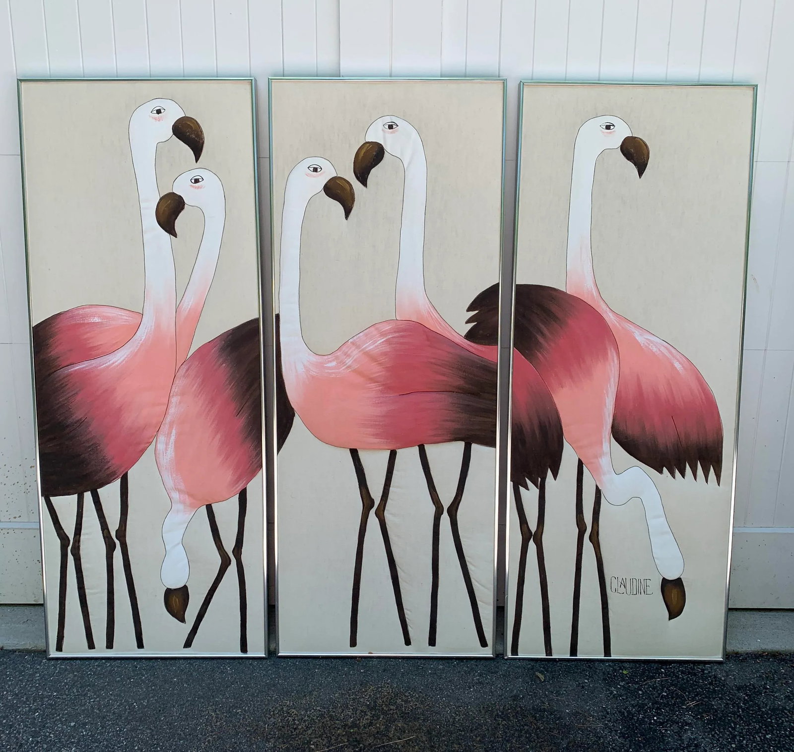 Hand Painted Flamingo Triptych on Fabric - 8