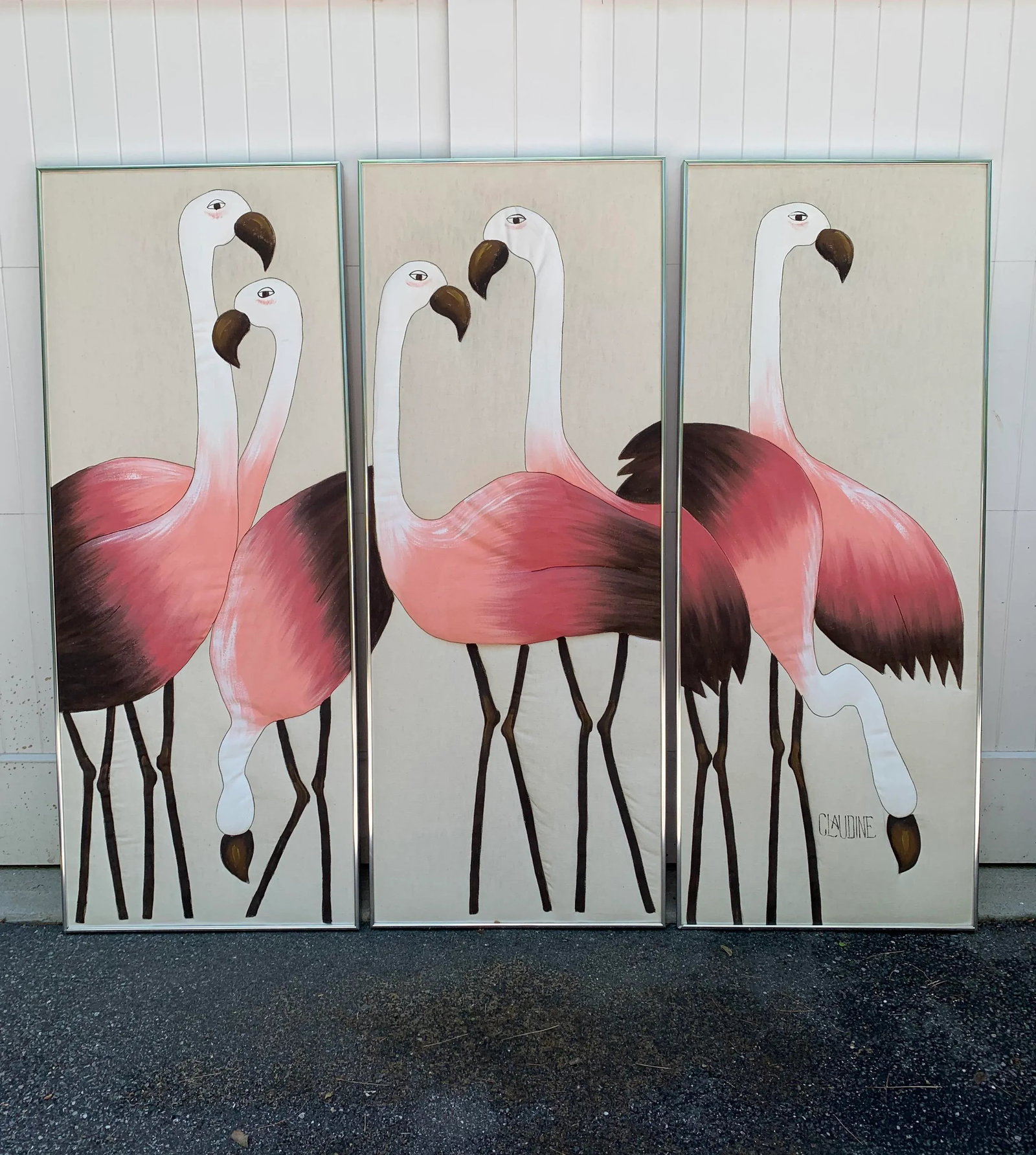 Hand Painted Flamingo Triptych on Fabric - 9