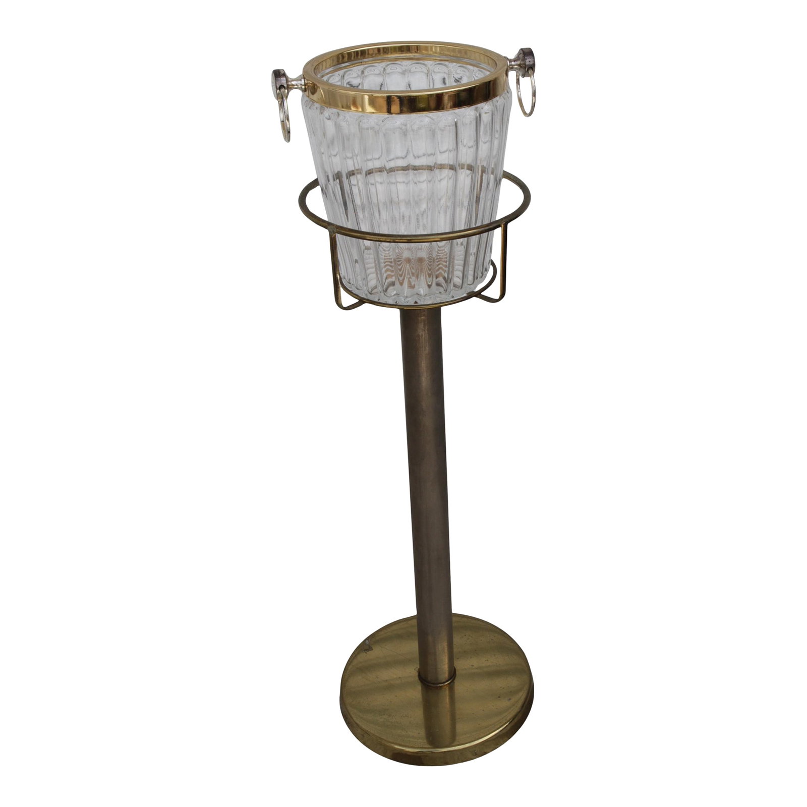Mid 20th Century Brass Champagne & Ice Bucket Stand: Vintage 1970s champagne glass ice bucket with brass stand. The ice bucket has a brass rim and handles. The stand has a heavy base and sturdy. No marks. Ice bucket measures: 7.5" diameter x 8.5"