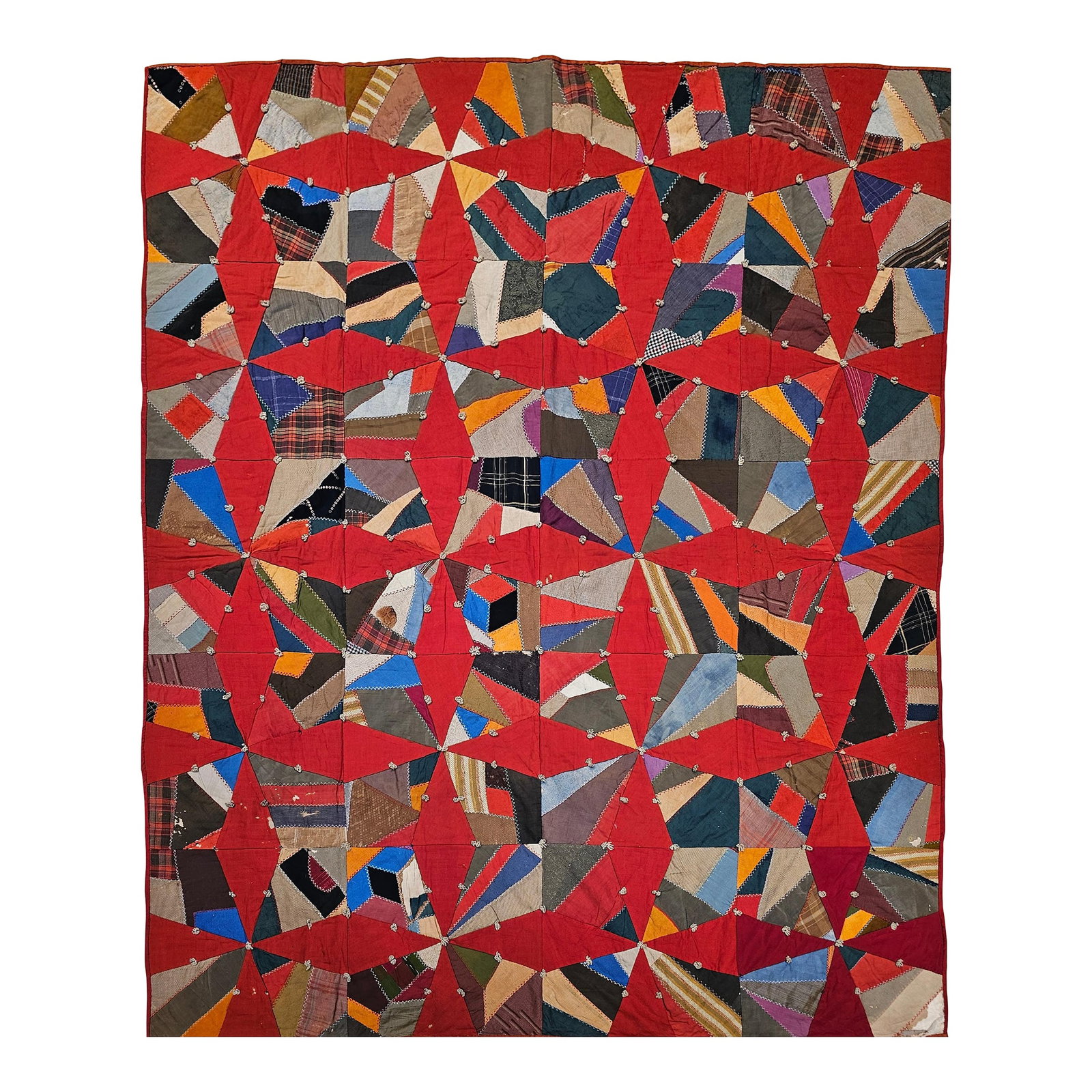 Late 19th Century Crazy Quilt: 67" x 84" Hand pieced and hand stitched and hand tied American crazy quilt circa the late 1800s. Each piece in the quilt is individually hand cut and hand tied. It has herringbone embroidered seams