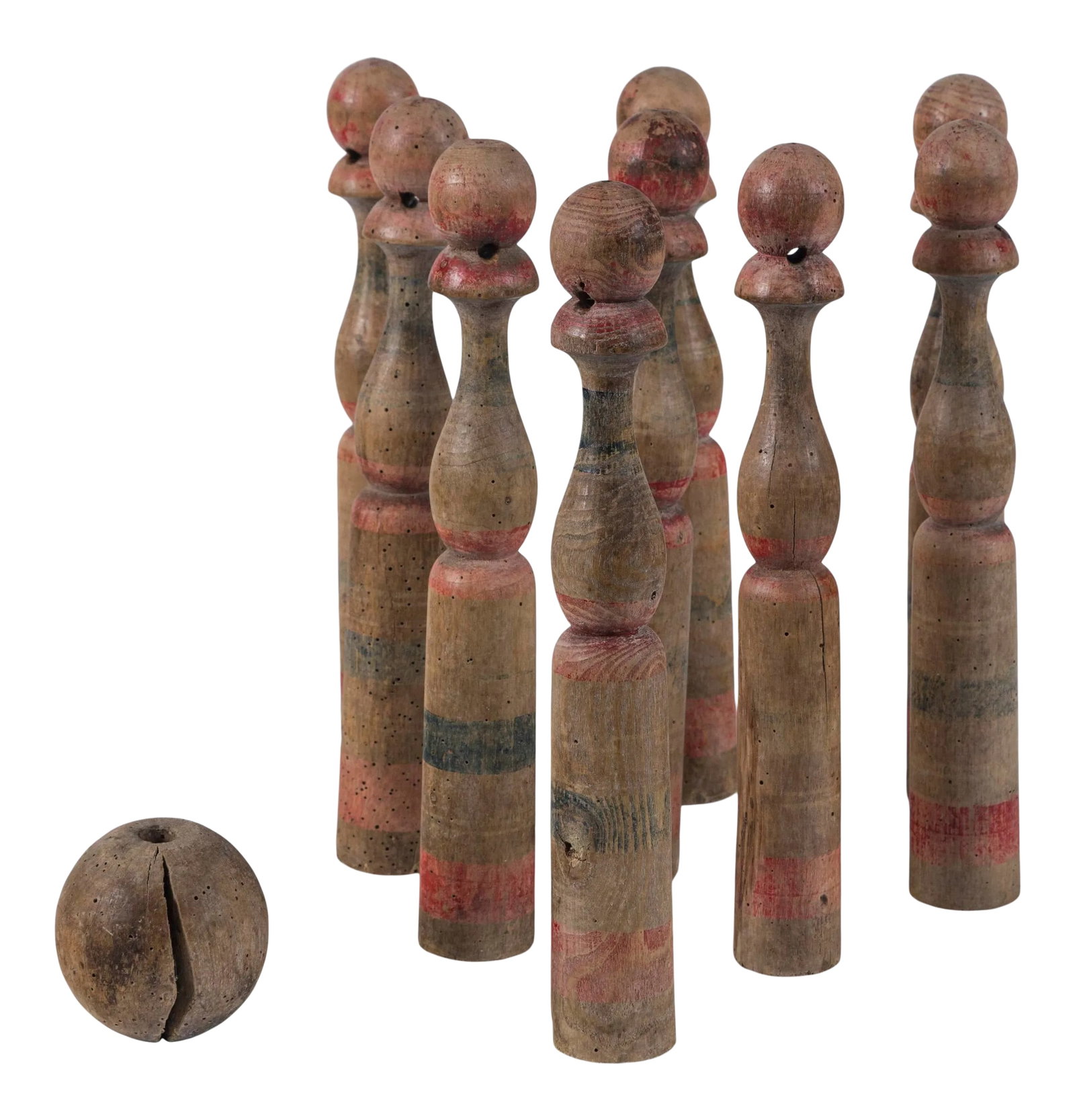 Vintage French Skittle Game 'Jeu De Quilles De Neuf', Circa 1920 - Set of 10: Vintage French Skittle Game 'Jeu de Quilles de Neuf', circa 1920. Hand painted, turned pins with wonderful aged patina. Complete set of nine pins with original ball. Condition: Alterations: Original