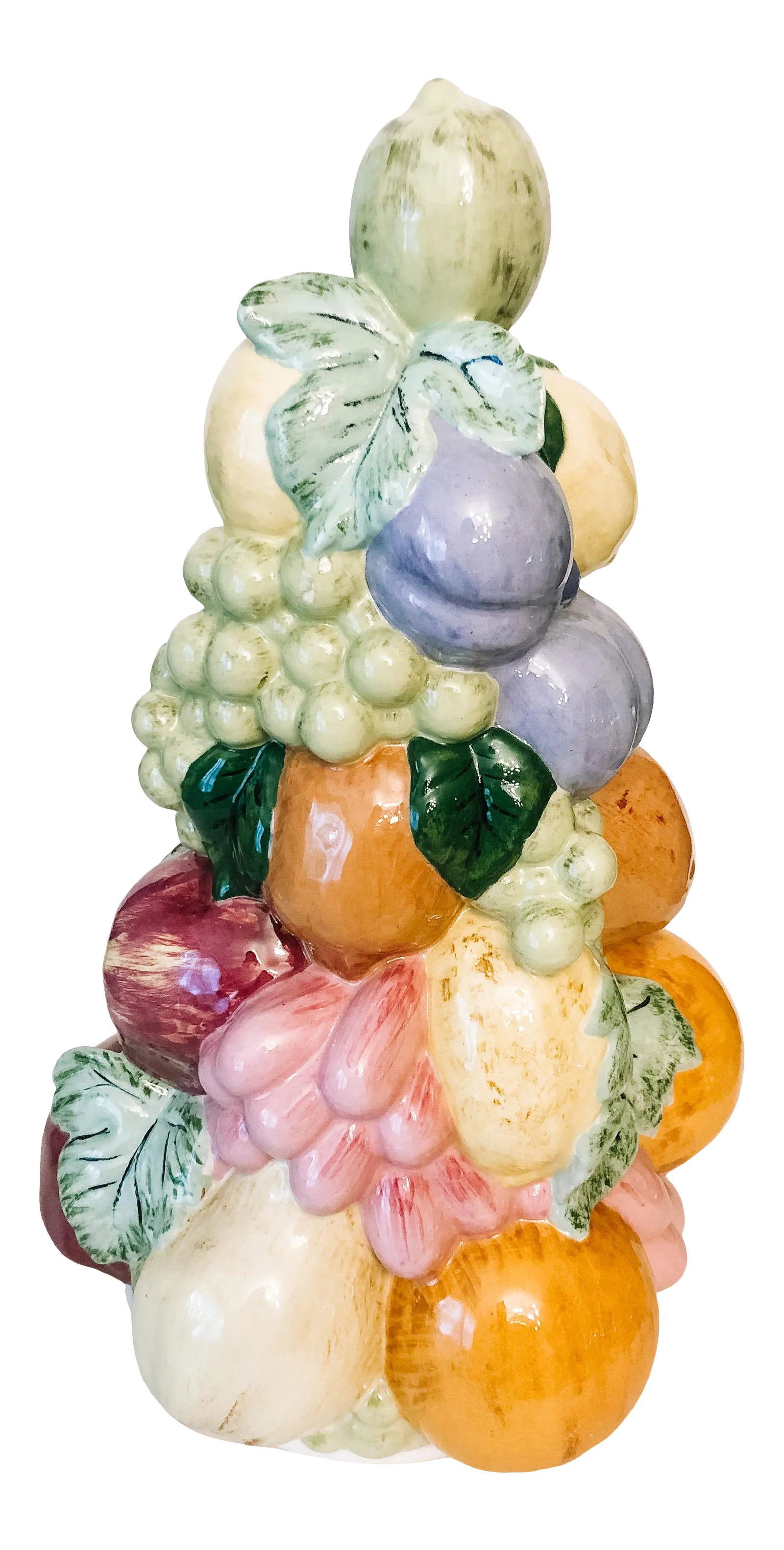 Vintage 1960s Porcelain Topiary Centerpiece: Vintage colorful fruit porcelain topiary. Would make a great centerpiece. In great condition! A few flaws photographed that most look to have happened when it was glazed. Condition: Alterations: