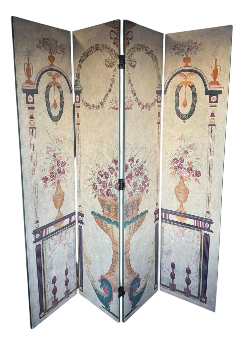 Vintage European Wooden Room Divider: Gorgeous vintage tall wooden paneled room divider. This has a beautiful sage green side and a side featuring a French provincial scene. This was brought over from Europe. The person who this belonged