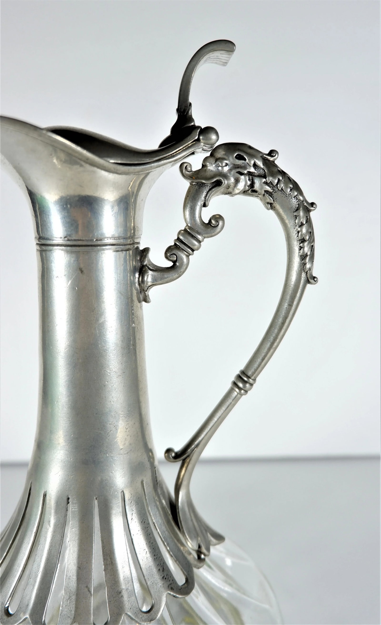 Vintage Pewter and Glass Claret Decanter with Serpent Handle - 2