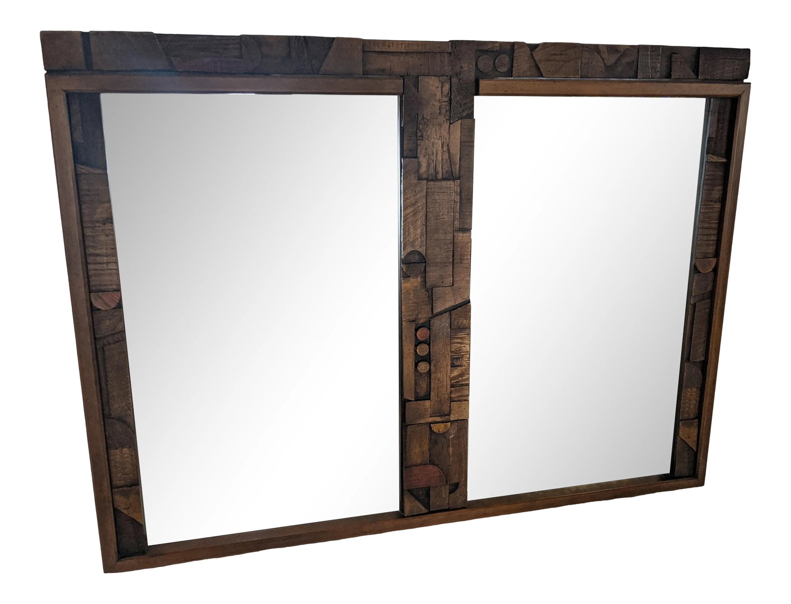 1970s Mid Century Modern Lane Brutalist Mirror: A colorful brutalist design with lovely oak wood grain throughout. The unique carved fronts and straight lines add to the midcentury appeal. Mirror has hardware to mount on low dresser. In excellent
