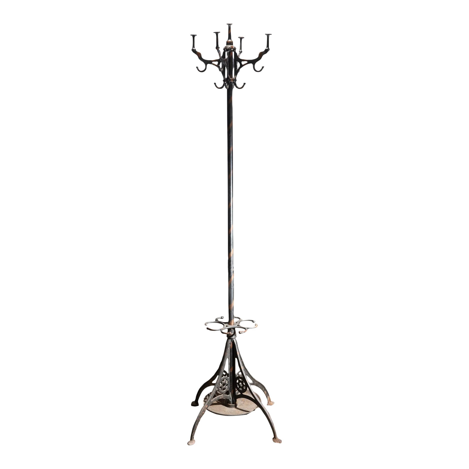 C. 1920 Japanned Coat Rack Hall Tree: This antique coat and hat tree features beautiful japanned copper all over and exceptional metalwork throughout. The tree is in excellent condition and is believed to have originated around 1920. The 