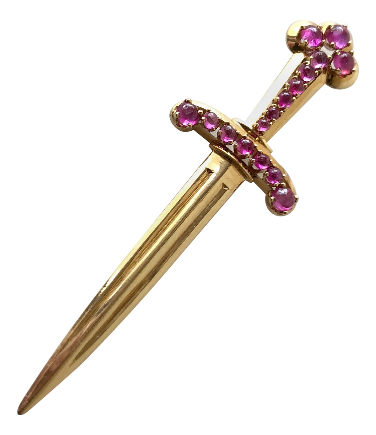 1950s Paul Lackritz Rose Gold Ruby Sword Pin with Original Box: 1950's 14K rose gold sword pin with ruby encrusted handle created by Paul Lackritz Jewelers of Beverly Hills. Brooch measures 2 3/4" in length by 7/8" wide. Pin comes with its original velvet and