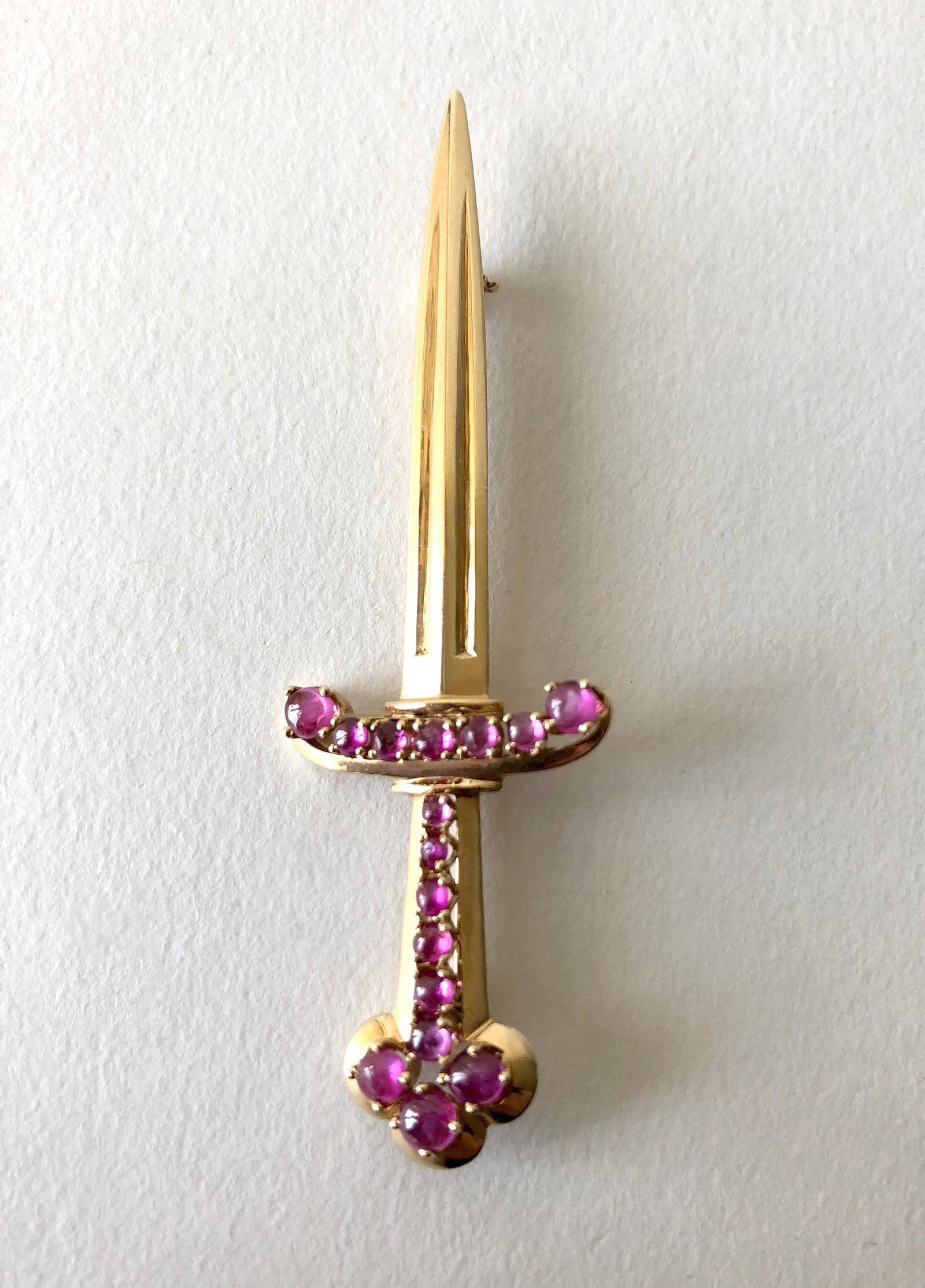 1950s Paul Lackritz Rose Gold Ruby Sword Pin with Original Box - 2