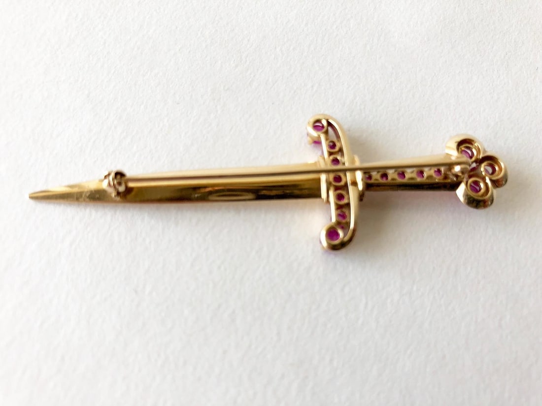 1950s Paul Lackritz Rose Gold Ruby Sword Pin with Original Box - 3