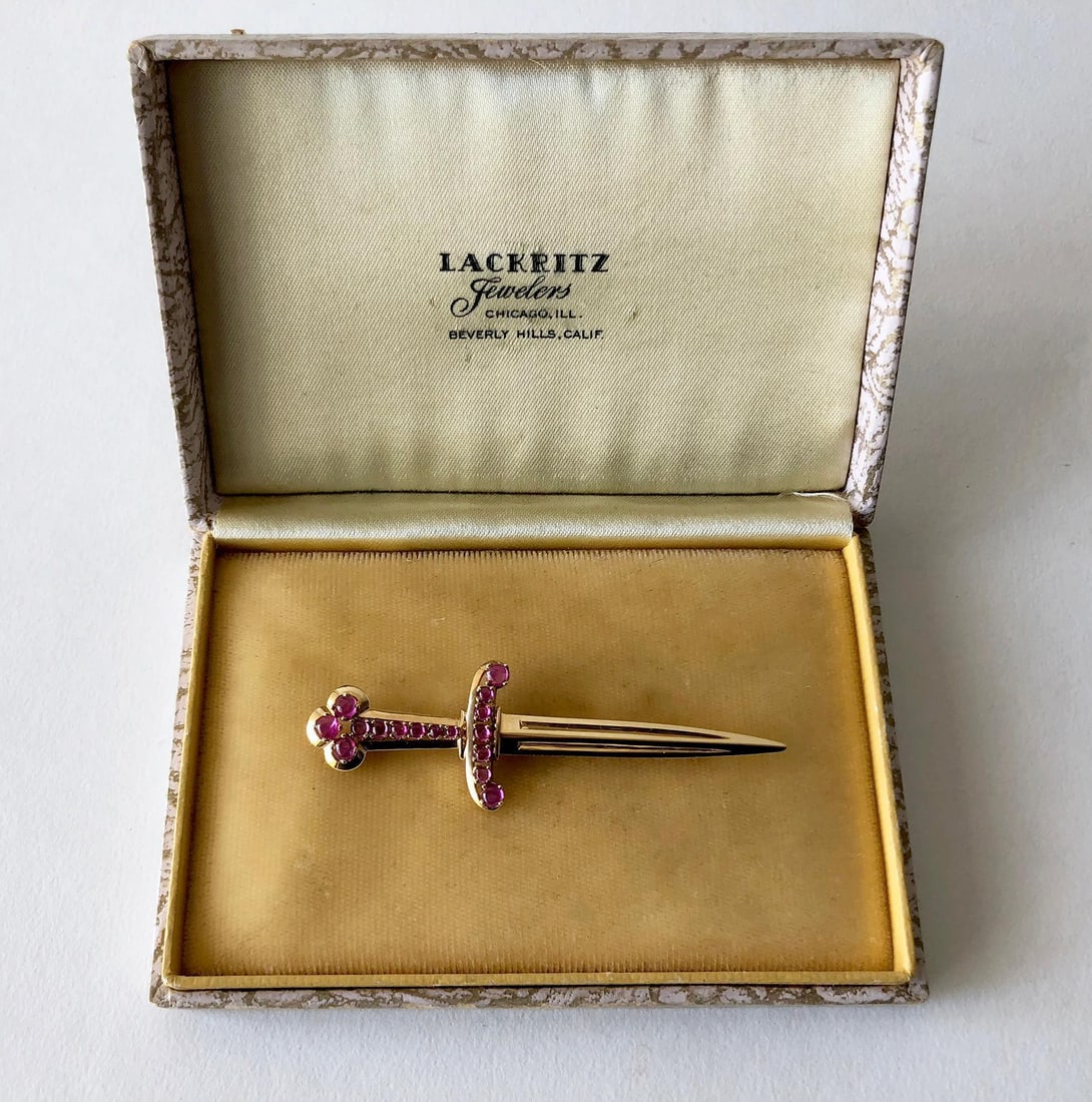 1950s Paul Lackritz Rose Gold Ruby Sword Pin with Original Box - 4