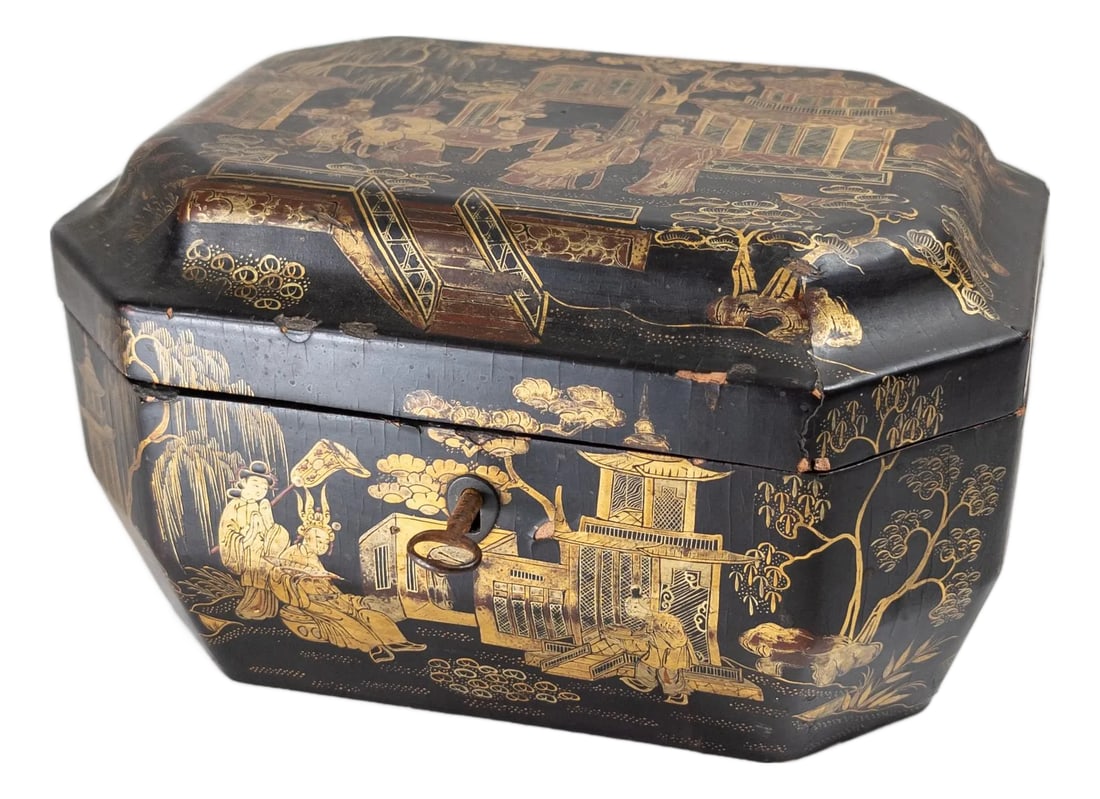 19th Century Chinese Chinoiserie Gilt Lacquer Tea Caddy Box (1 of 18)
