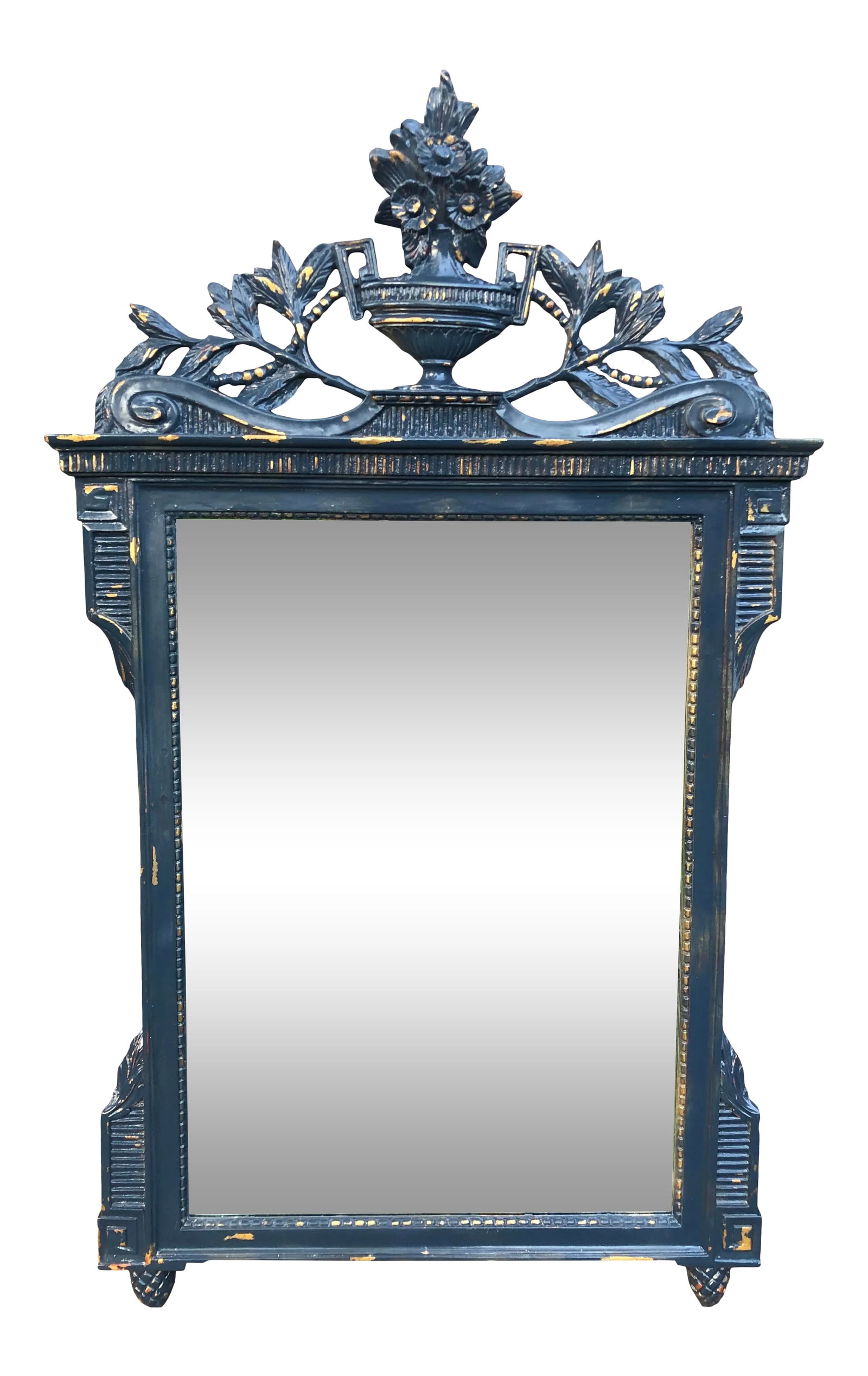Newly Distressed Lacquered Vintage Italian Rococo Wall Mirror Mirror: Once a beautiful gold gild Italian style Rococo wall mirror now a beautiful blue lacquer chipped away to expose the original gold. Mirror is of intricate carved wood as well as added composite which m