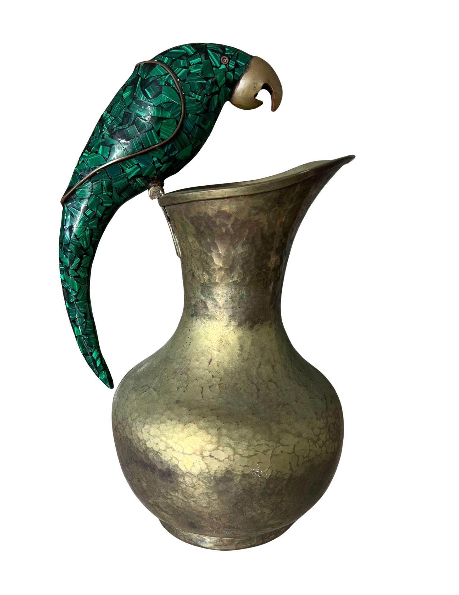 Vintage Brass Pitcher With Malachite Parrot Handle - 2