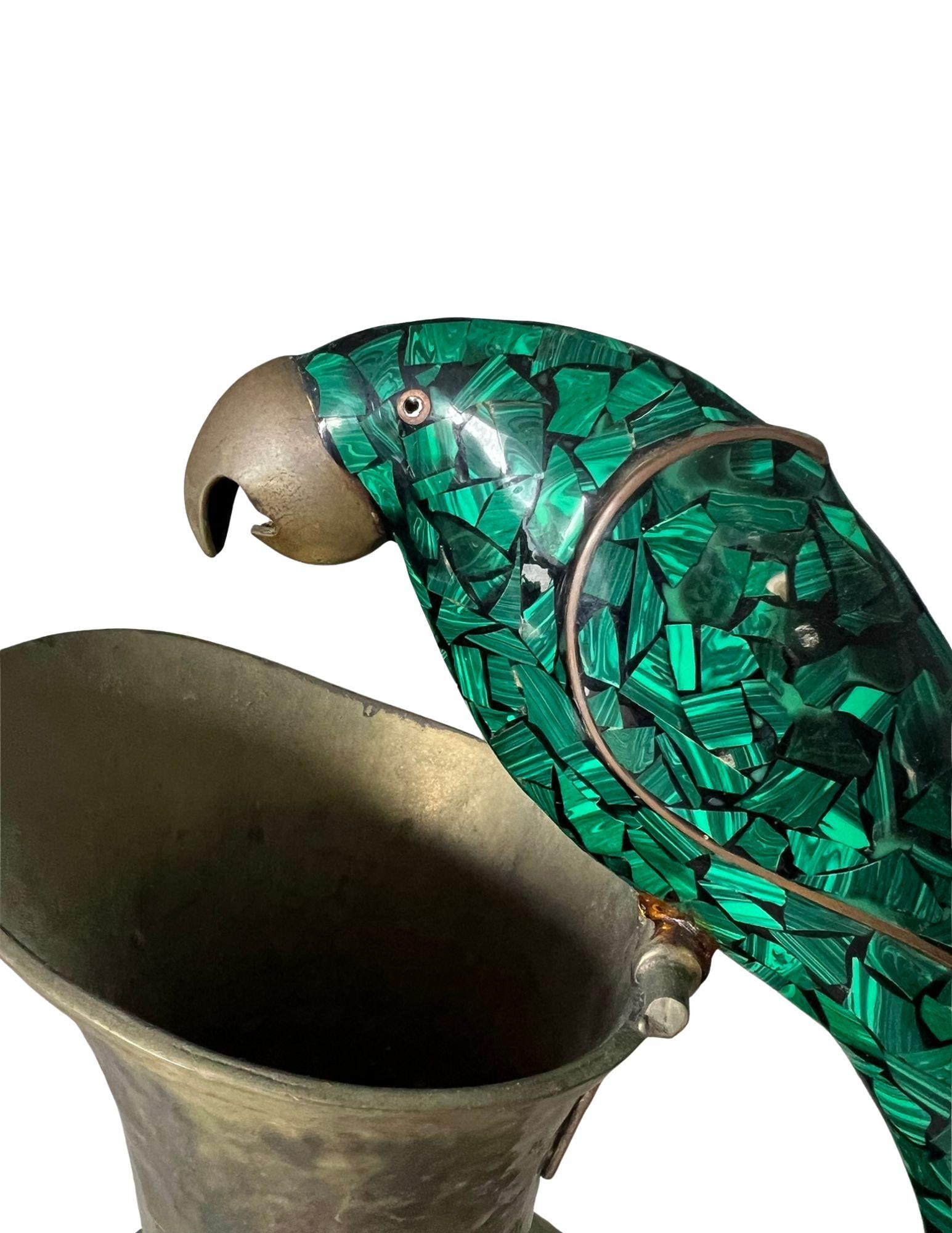 Vintage Brass Pitcher With Malachite Parrot Handle - 3