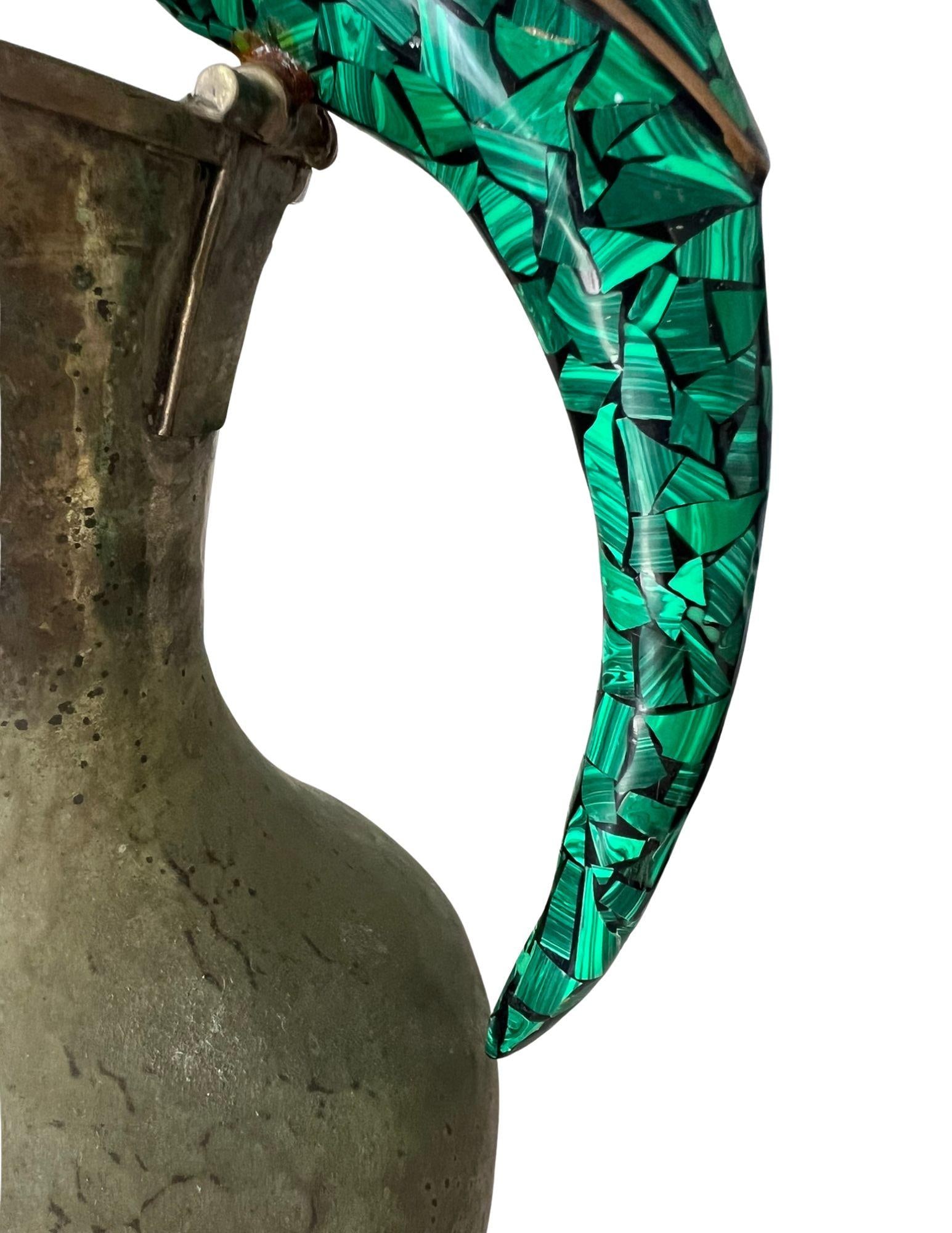 Vintage Brass Pitcher With Malachite Parrot Handle - 4