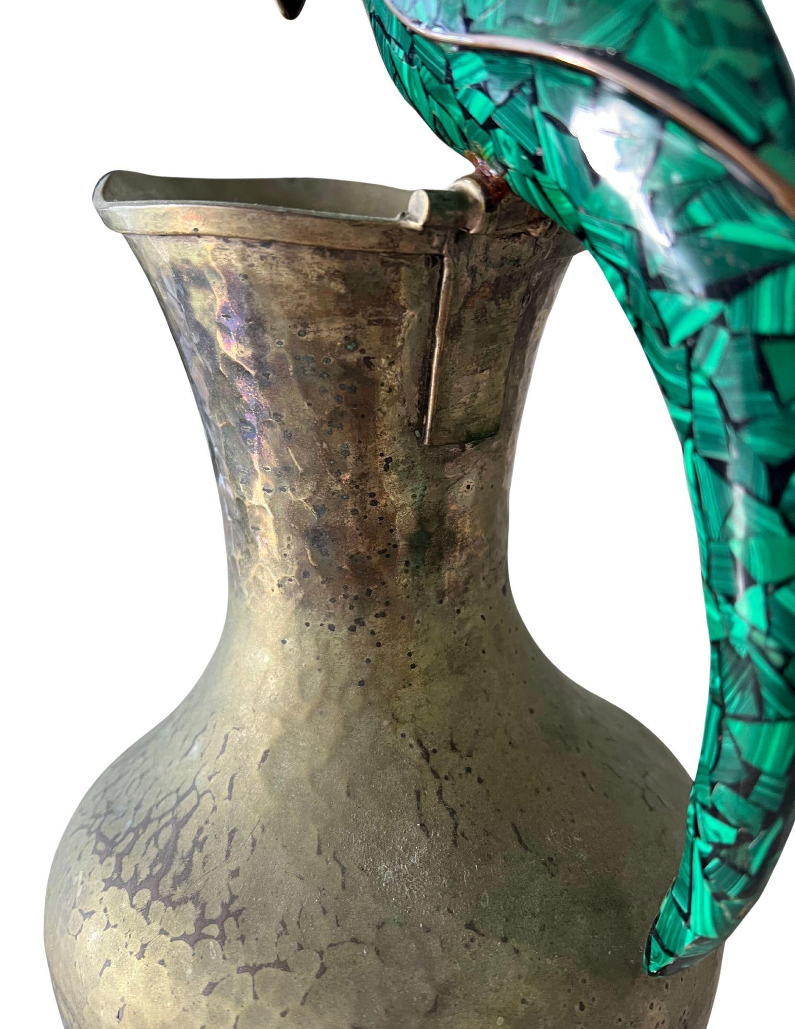 Vintage Brass Pitcher With Malachite Parrot Handle - 5