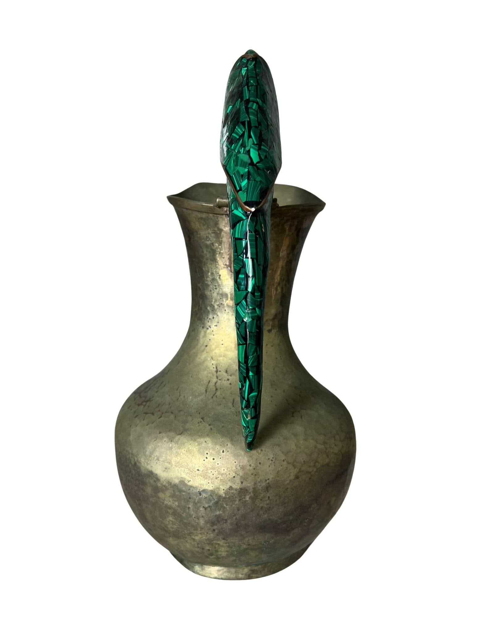 Vintage Brass Pitcher With Malachite Parrot Handle - 6
