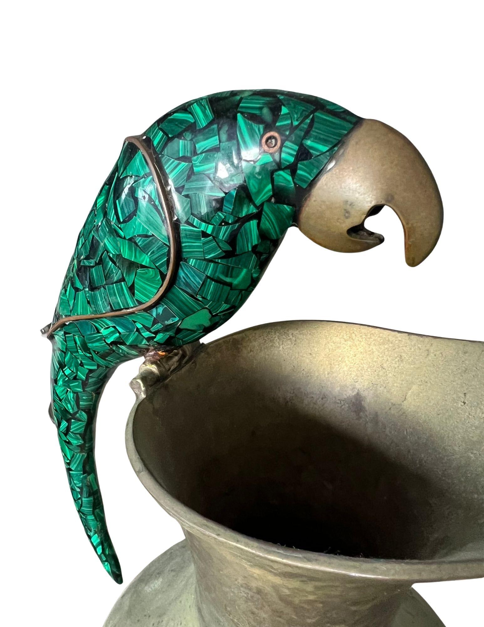 Vintage Brass Pitcher With Malachite Parrot Handle - 7