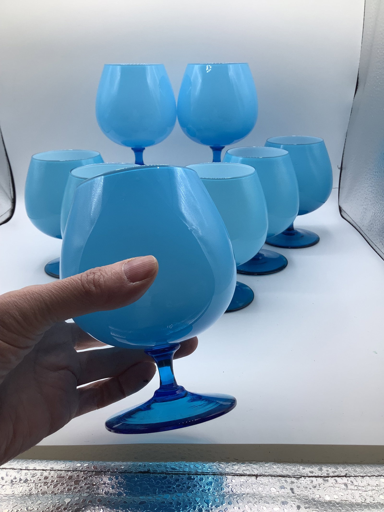 Vintage Carlo Moretti Italy Blue White Cased Glass Rare Brandy Snifters Glasses - Set of 8 - 12