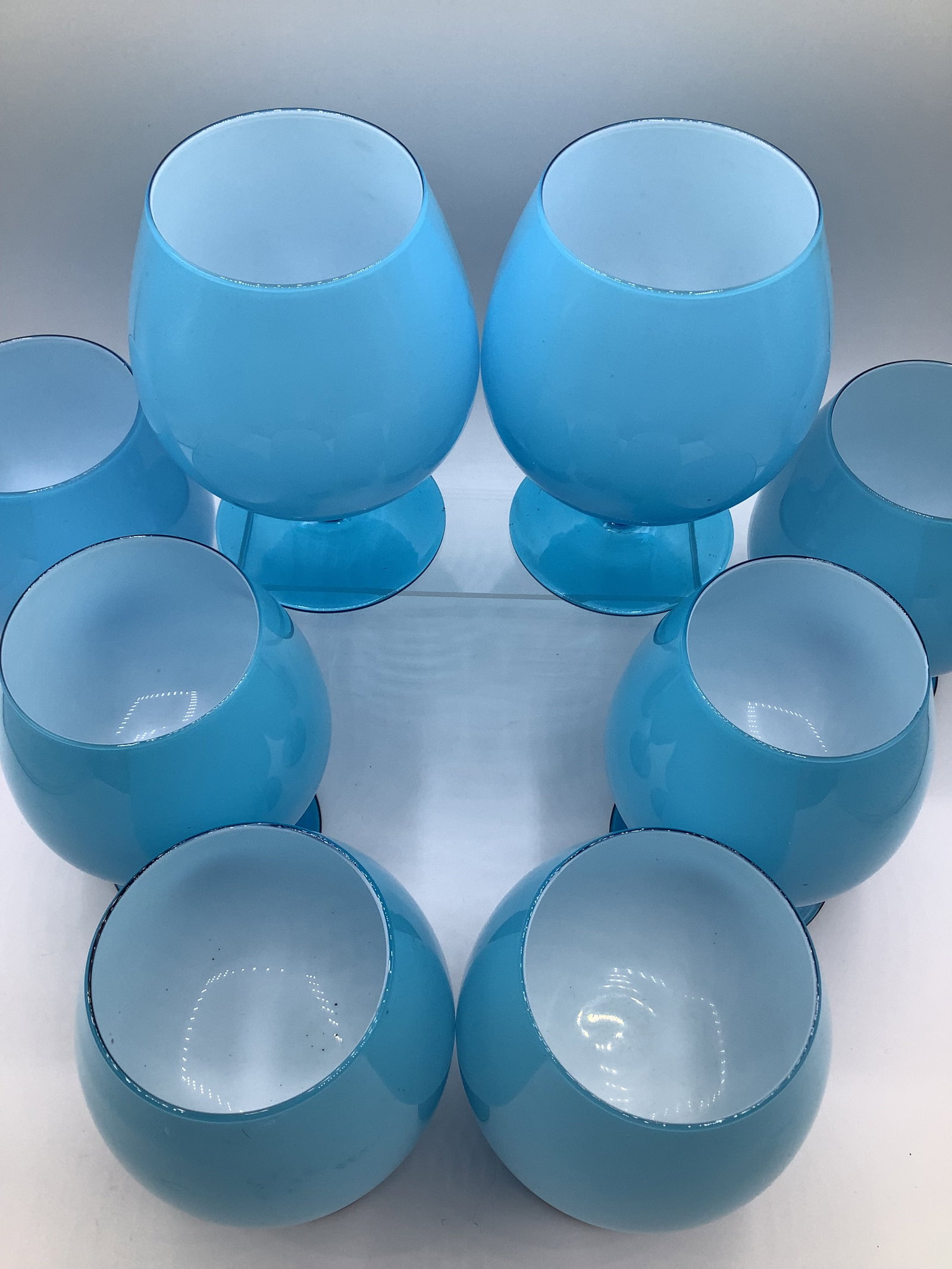 Vintage Carlo Moretti Italy Blue White Cased Glass Rare Brandy Snifters Glasses - Set of 8 - 6