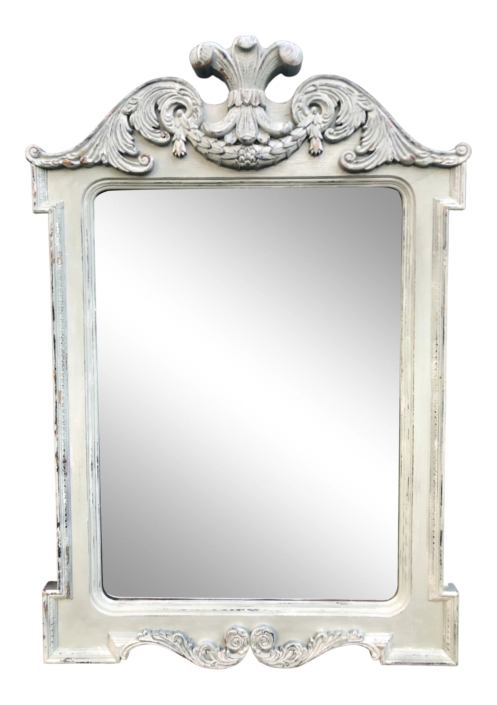 Distressed Lacquer Lexington Camden Wall Mirror: Heavy Oak carved mirror by Lexington Furniture Co,. Features an intricately carved scroll leaves with Fluer de lis banded center above meeting acanthus leaves, small egg and dart trim on outer edges a