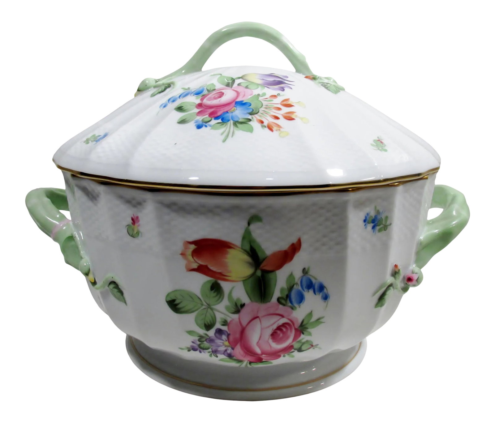 Late 20th Century Herend China Hungary Printemps Large Round Tureen: Beautiful vintage 10.5" dia, 12.5" from handle to handle, and 9.5" tall large round tureen. Beautifully hand painted with sprays of spring florals on fine porcelain in the Printemps pattern from