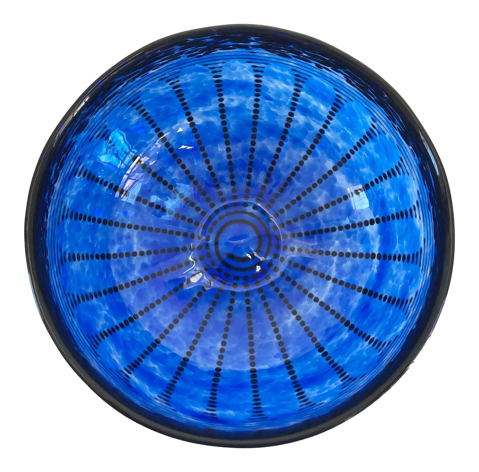 1980s Cobalt Art Glass Centerpiece Bowl by Ian Forbes, Signed: Gorgeous hand-blown cobalt blue beautifully detailed throughout by Canadian glassblower Ian Forbes. Highly sought after pieces, as his items are no longer in production. Signed on underside and in