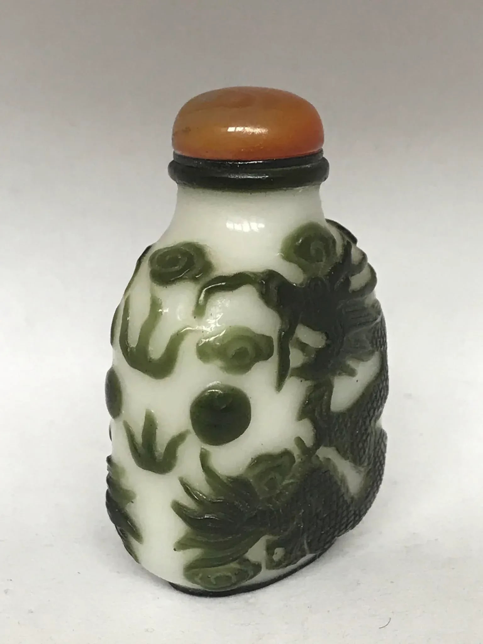 Antique Beijing Glass Snuff Bottle With Green Overlay of Dragons - 13