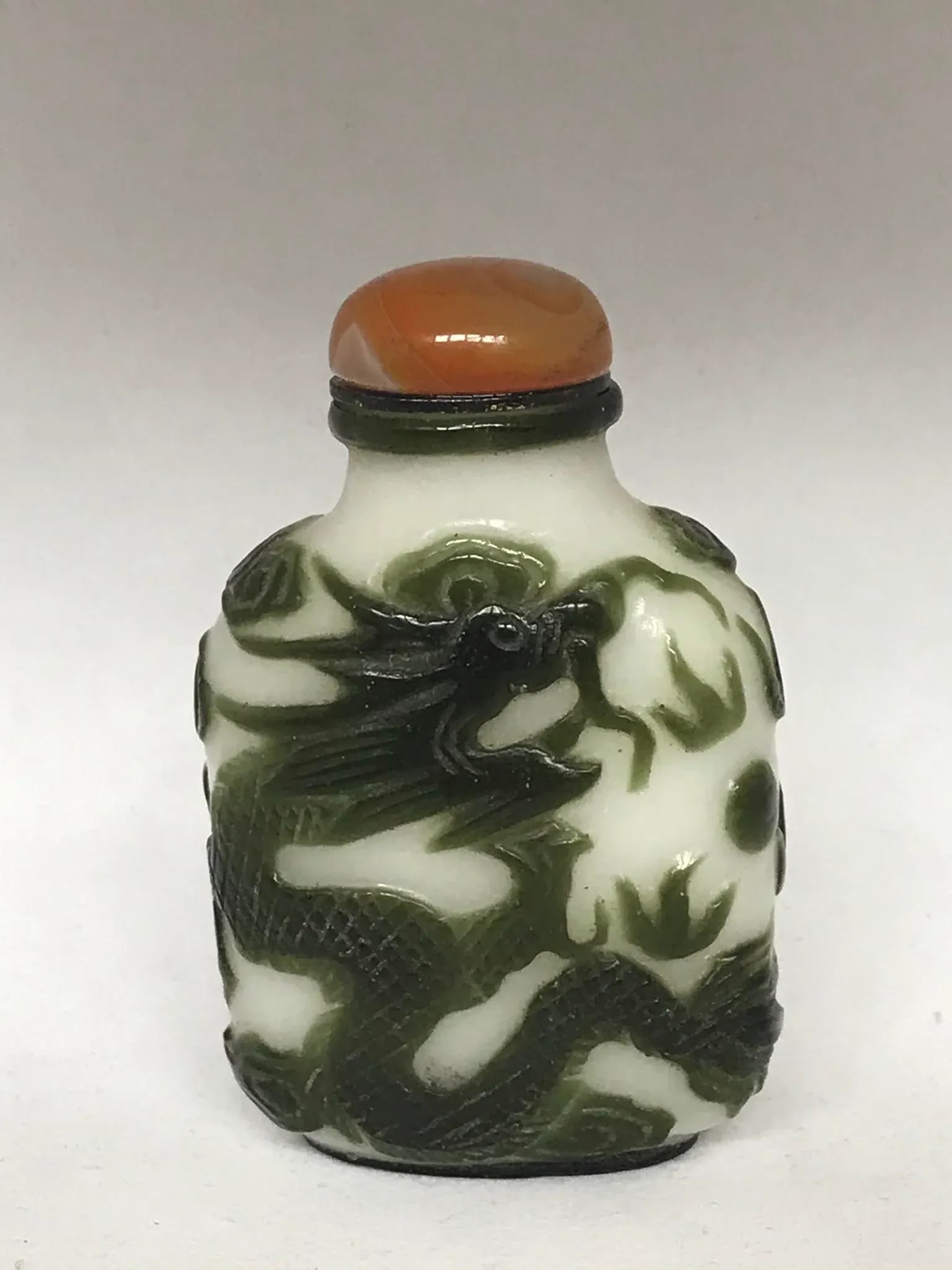 Antique Beijing Glass Snuff Bottle With Green Overlay of Dragons - 2