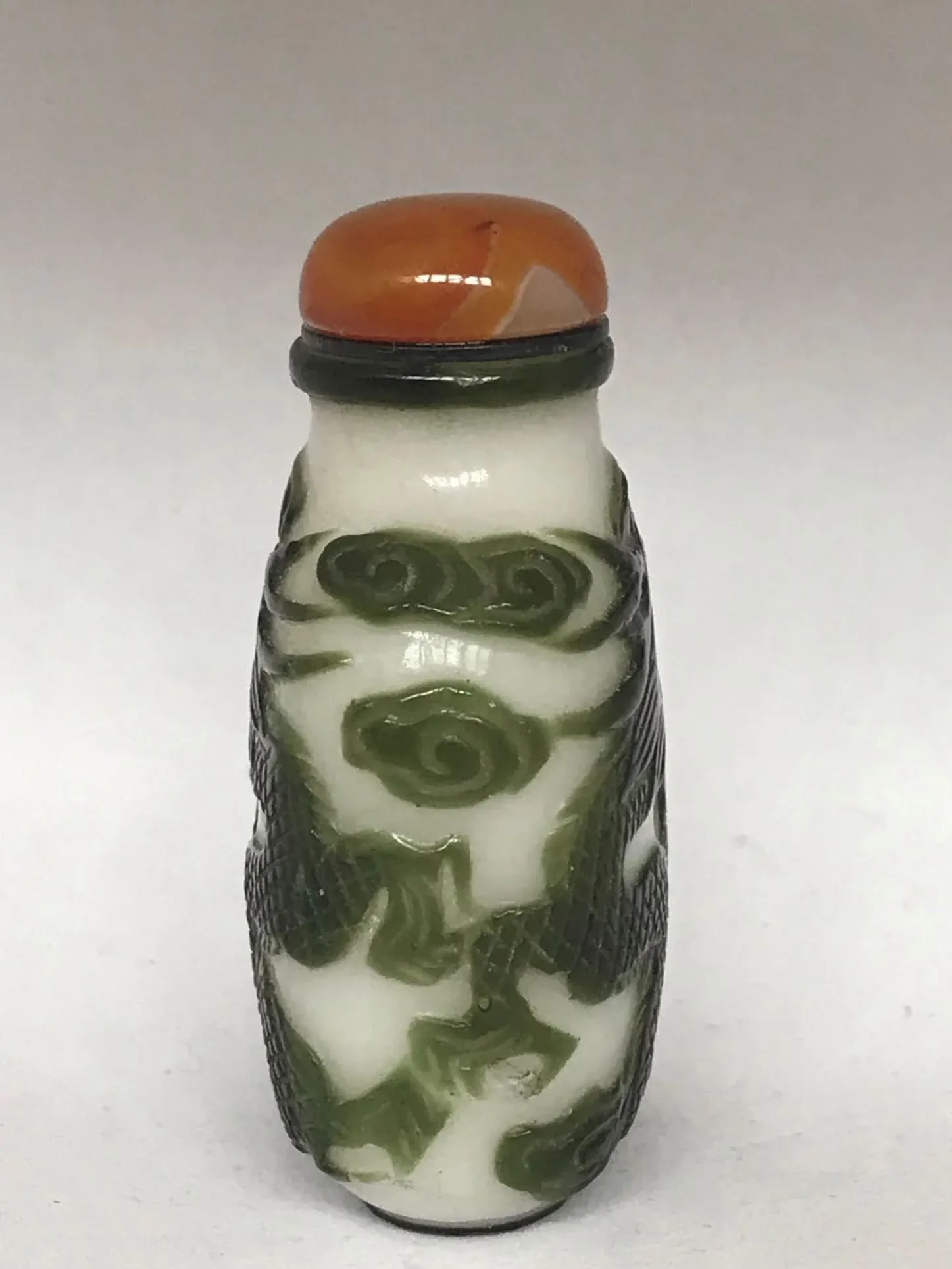 Antique Beijing Glass Snuff Bottle With Green Overlay of Dragons - 3