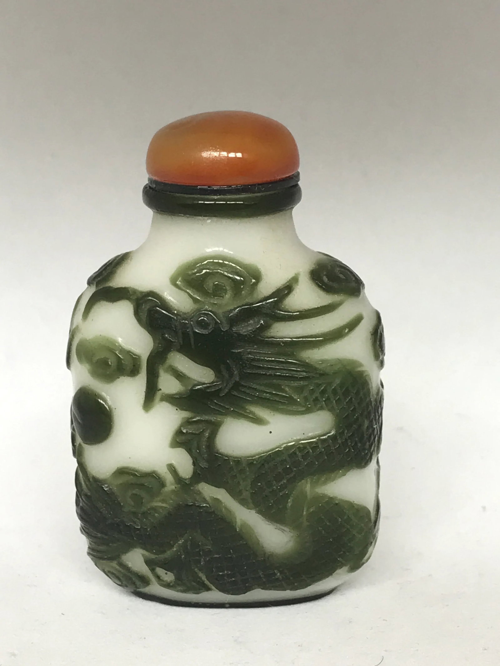 Antique Beijing Glass Snuff Bottle With Green Overlay of Dragons - 4