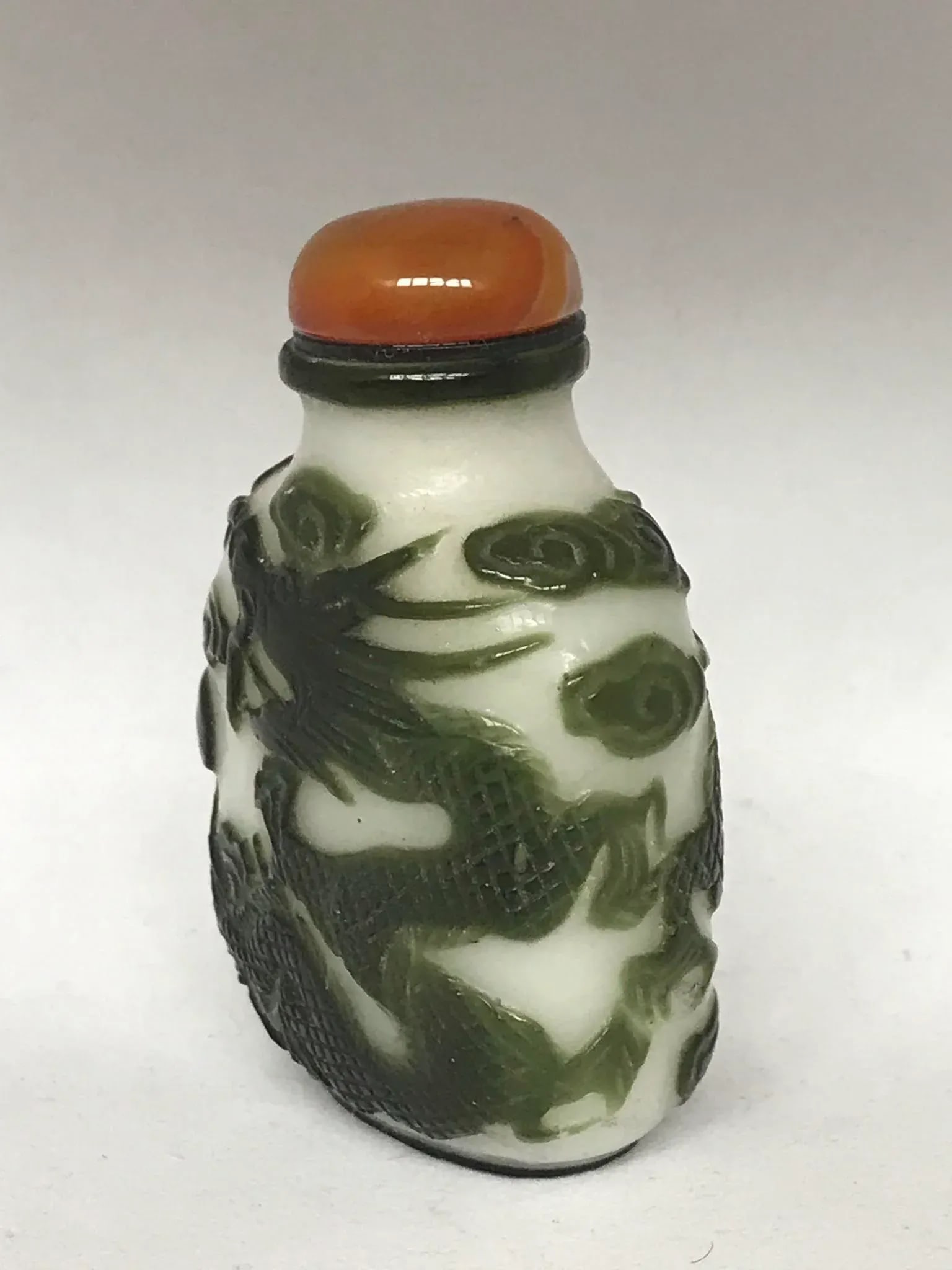 Antique Beijing Glass Snuff Bottle With Green Overlay of Dragons - 5