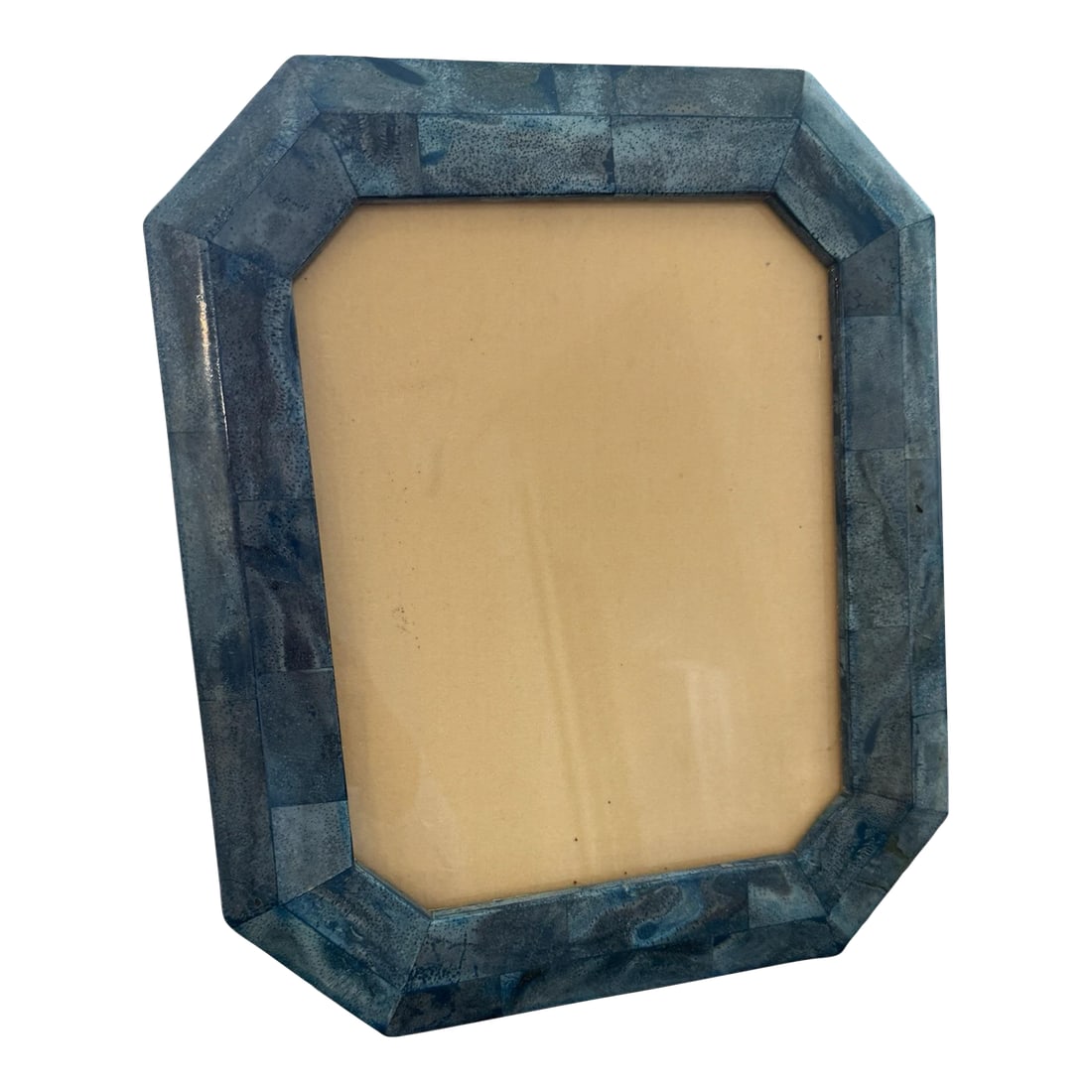 Vintage Heavy Blue Coral Picture Frame: Large, heavy Blue Coral frame. Beveled and elongated octagonal shape. Made in the Philippines. 13" tall x 11" wide. 1.75" deep. Picture opening is 7.5" x 9.5". Condition: Alterations: Original