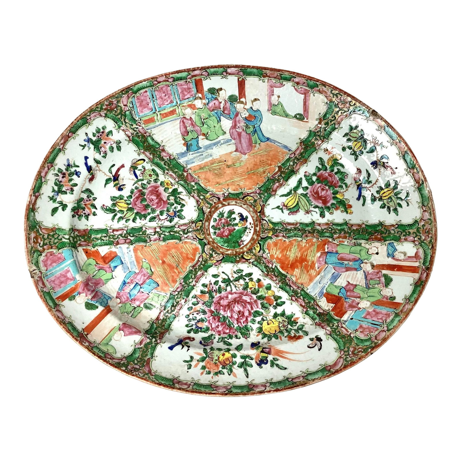 Large Qing Dynasty Famille Rose Medallion Platter, 19th Century: Large Qing Dynasty Famille Rose Medallion Platter, 19th Century A substantial 19th century Chinese Famille Rose Medallion porcelain platter from the Qing Dynasty. The piece measures 16 inches wide by 