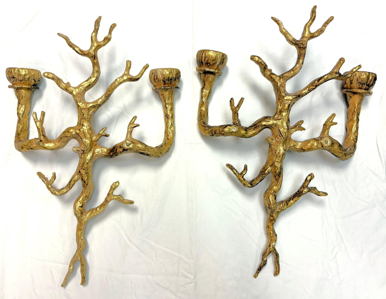 Vintage Felix Agostini Style Gold Faux Bois Branch Candle Wall Sconces- A Pair - 13