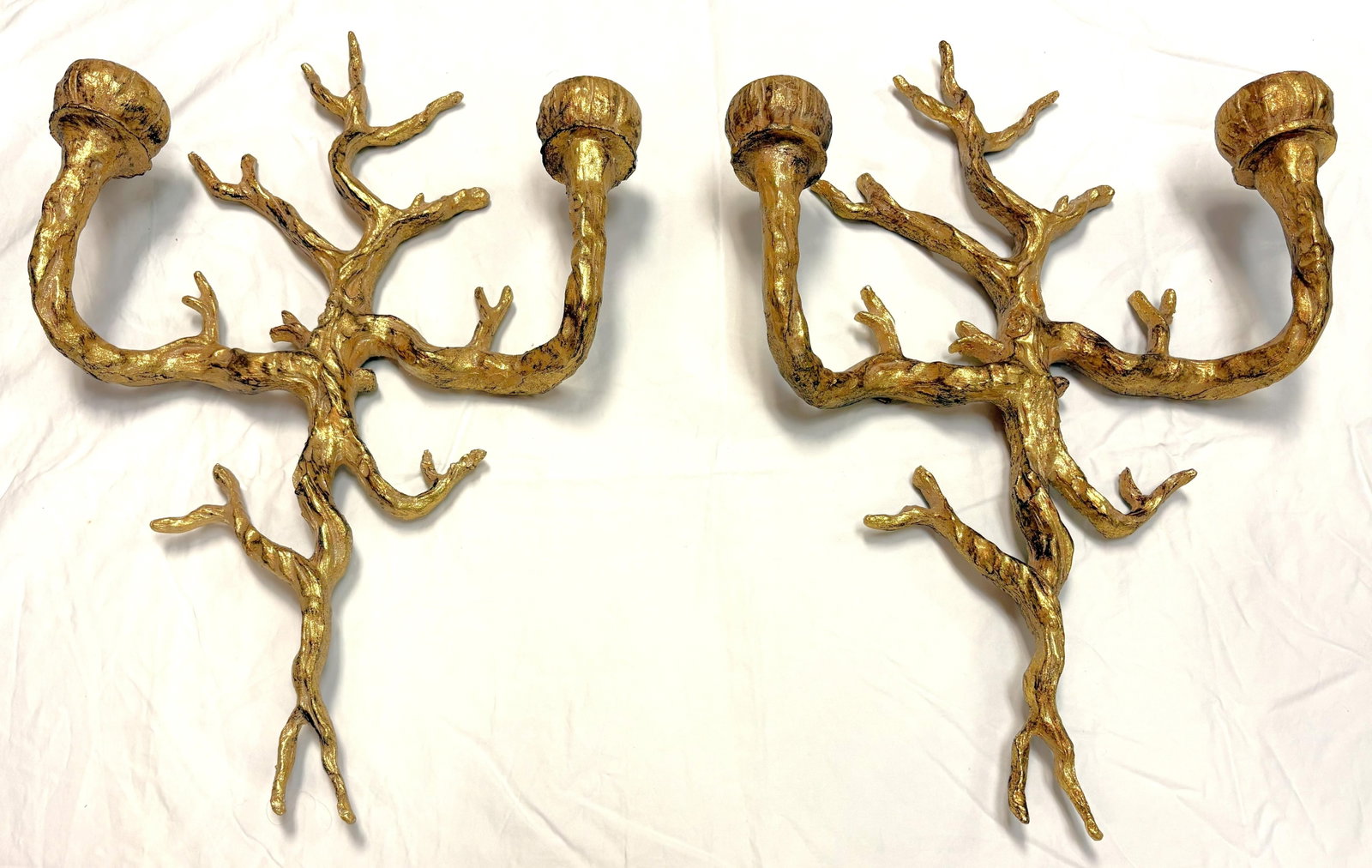 Vintage Felix Agostini Style Gold Faux Bois Branch Candle Wall Sconces- A Pair - 2