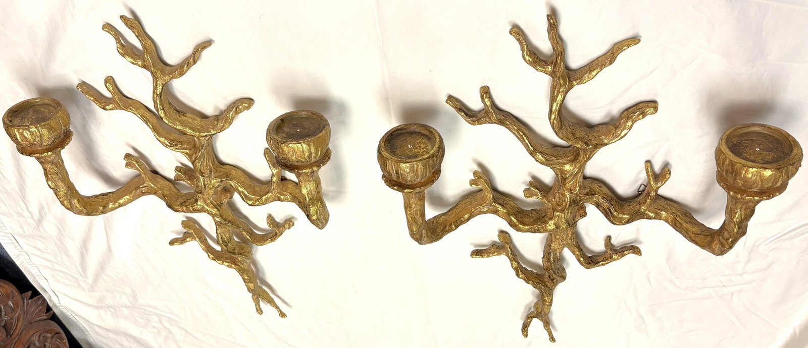 Vintage Felix Agostini Style Gold Faux Bois Branch Candle Wall Sconces- A Pair - 3