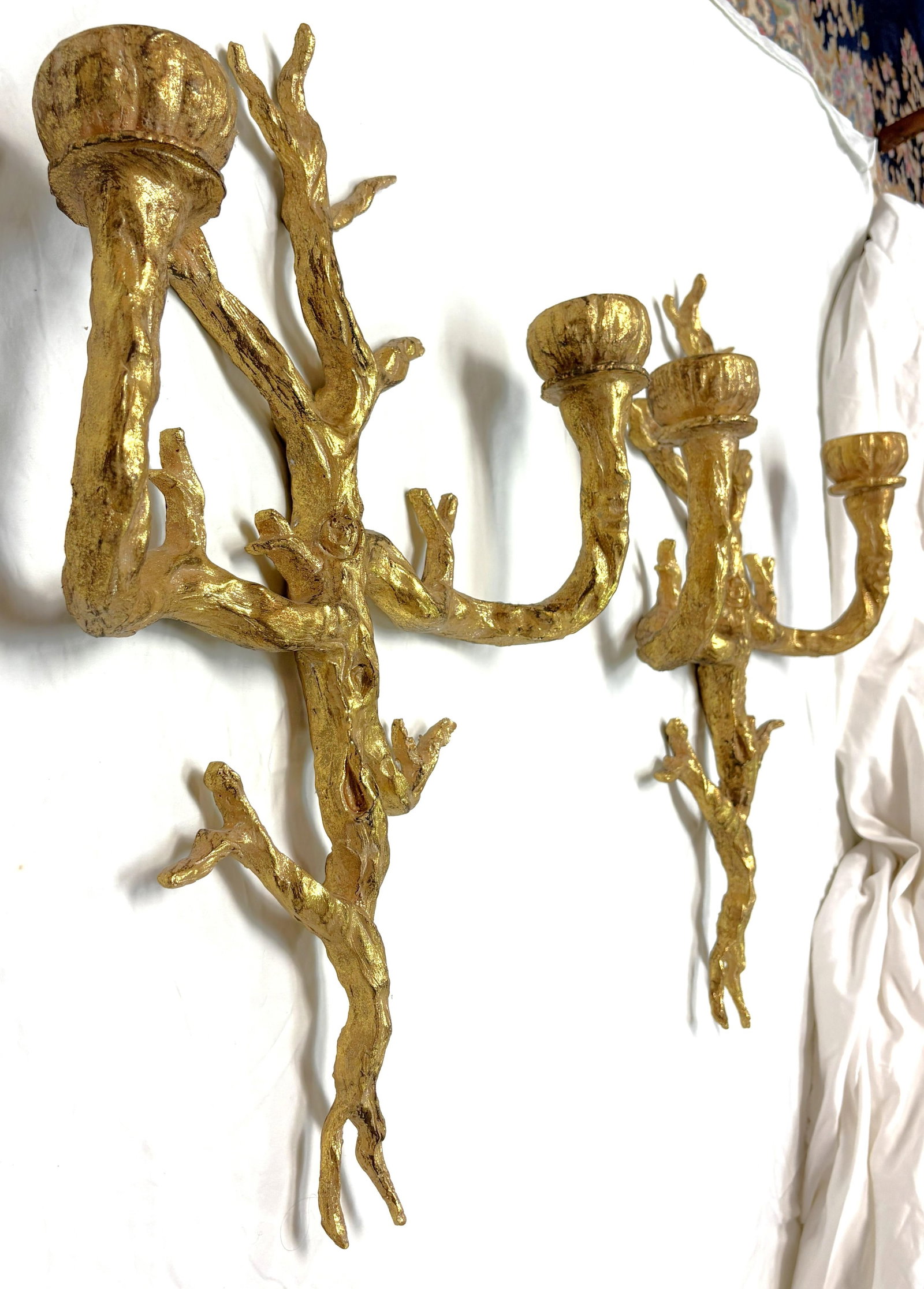 Vintage Felix Agostini Style Gold Faux Bois Branch Candle Wall Sconces- A Pair - 6