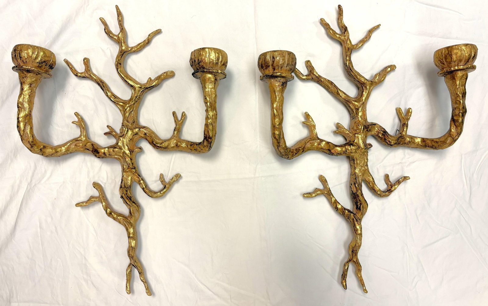 Vintage Felix Agostini Style Gold Faux Bois Branch Candle Wall Sconces- A Pair - 7