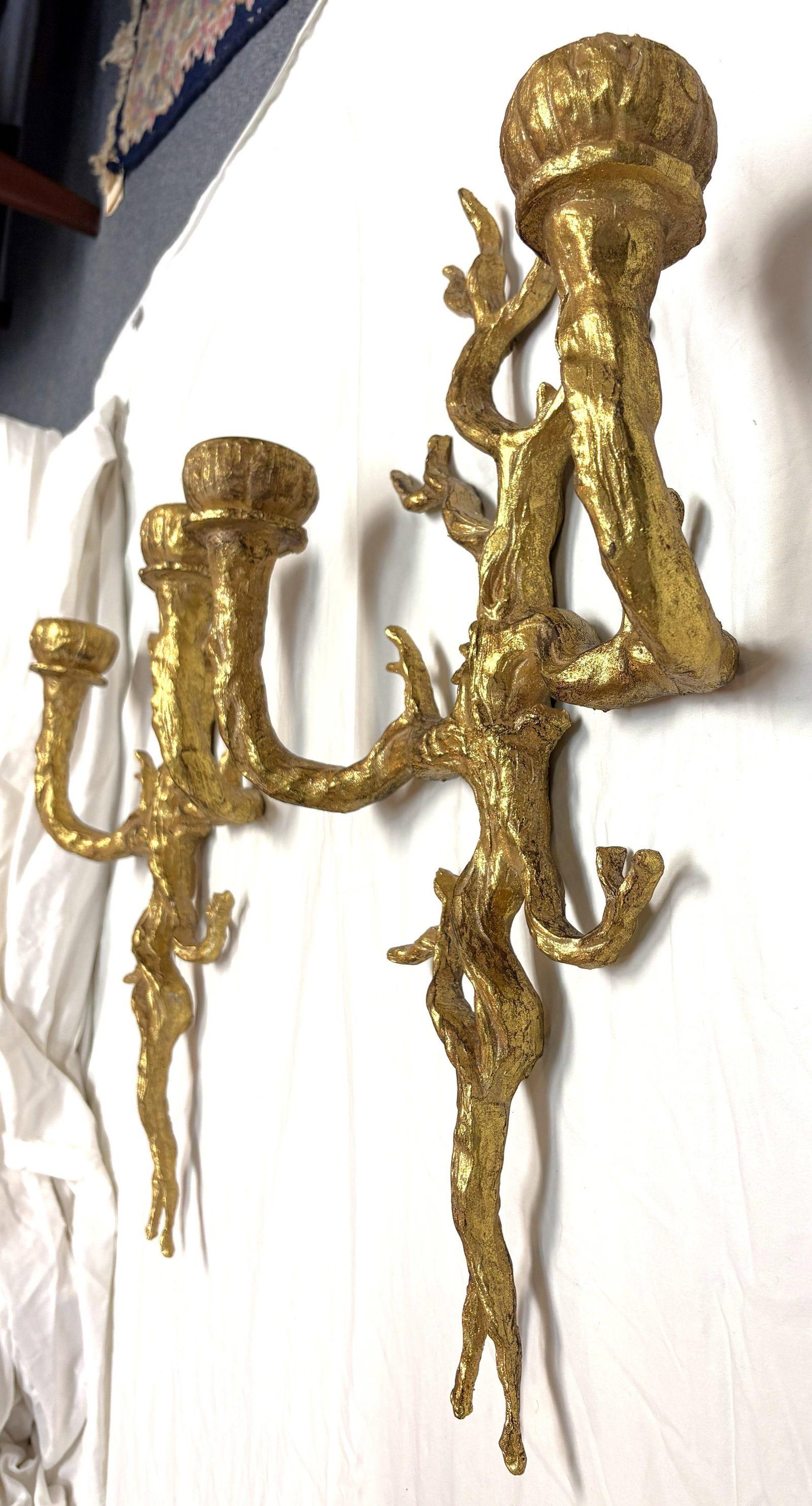 Vintage Felix Agostini Style Gold Faux Bois Branch Candle Wall Sconces- A Pair - 8